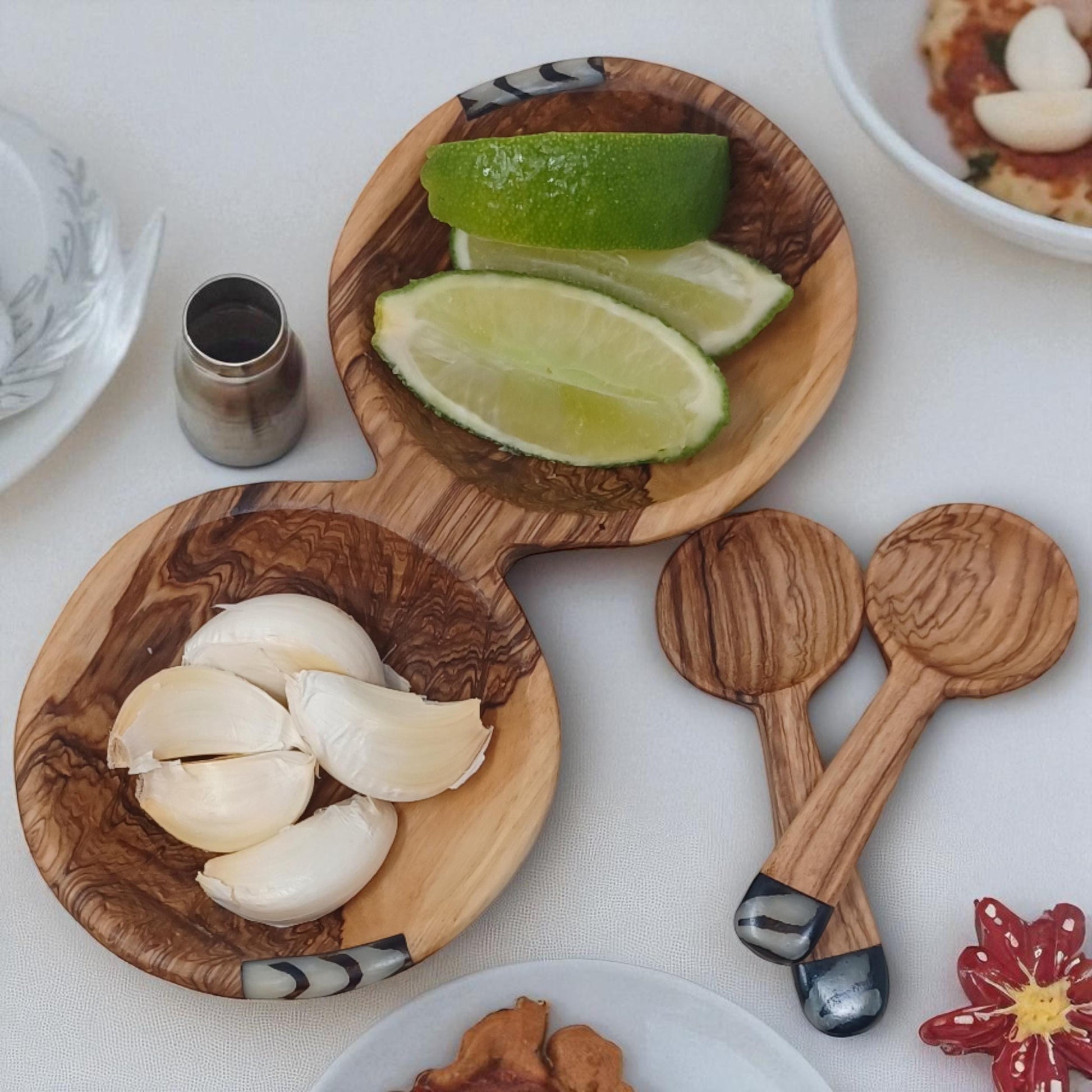 Handcrafted Olivewood Condiment Bowl Set with Scoops