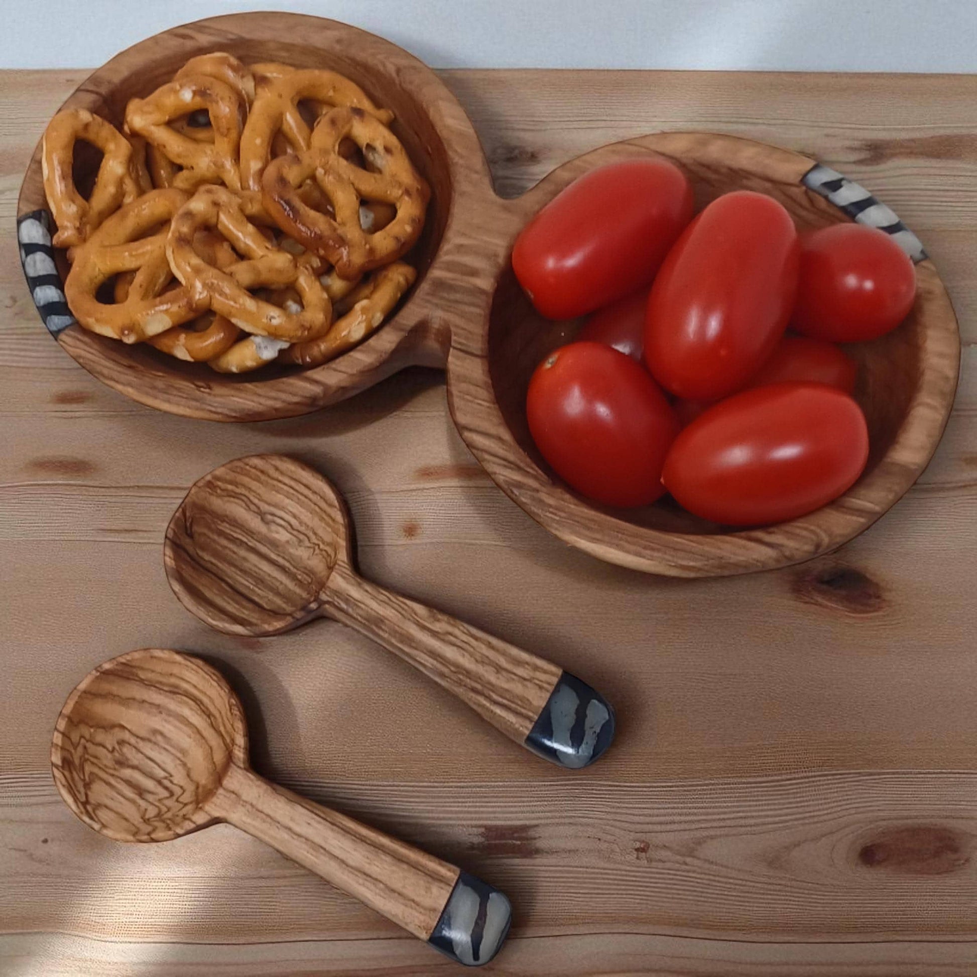 Handcrafted Olivewood Condiment Bowl Set with Scoops
