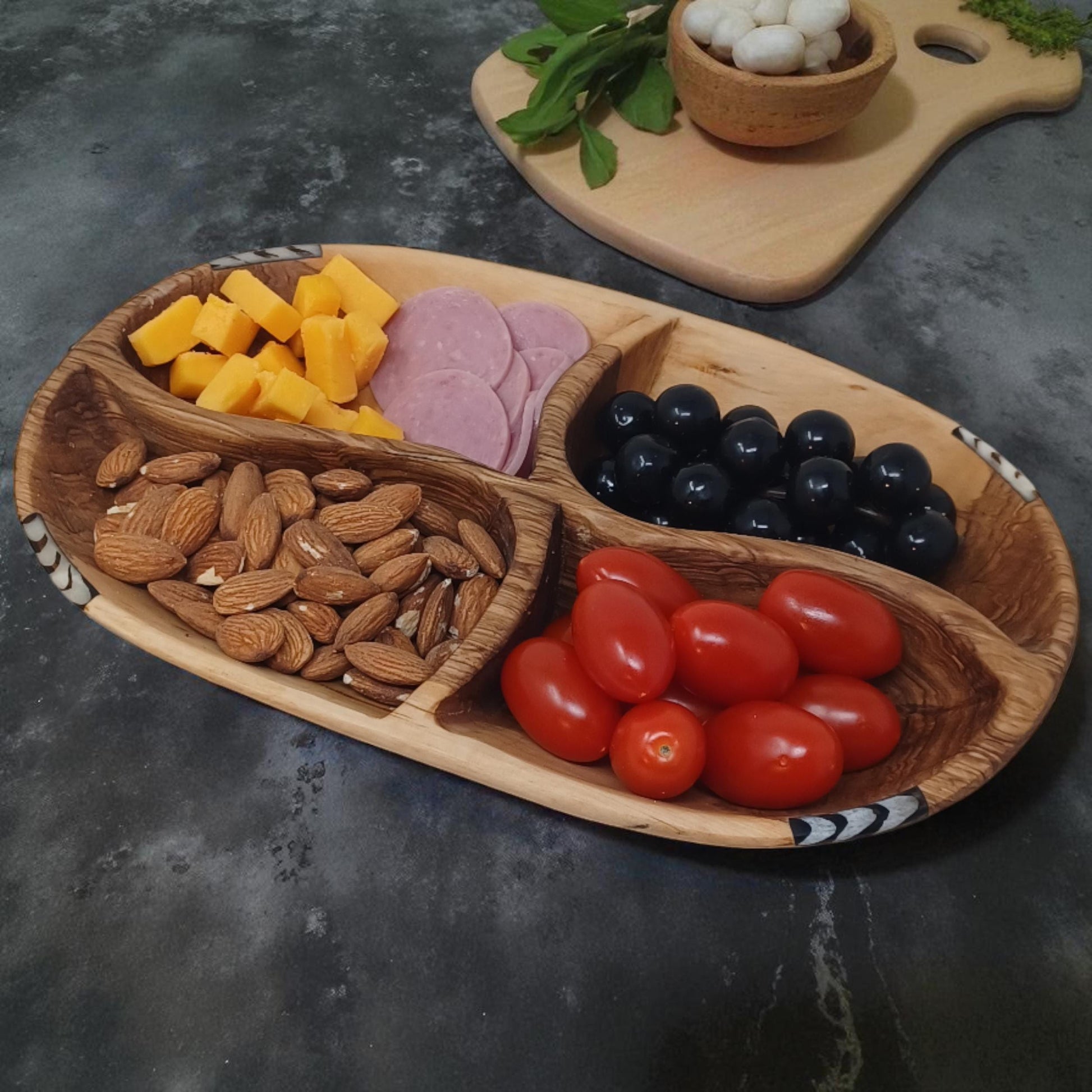 Handmade Olivewood Divided Serving Bowl: Rustic Snack Tray