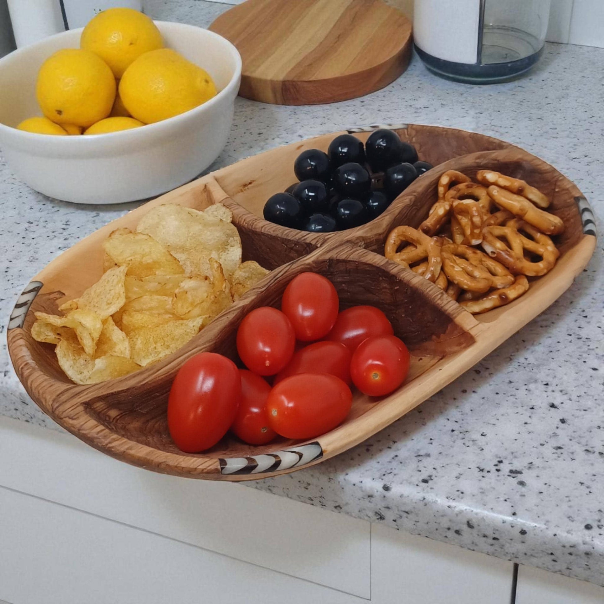Handmade Olivewood Divided Serving Bowl: Rustic Snack Tray
