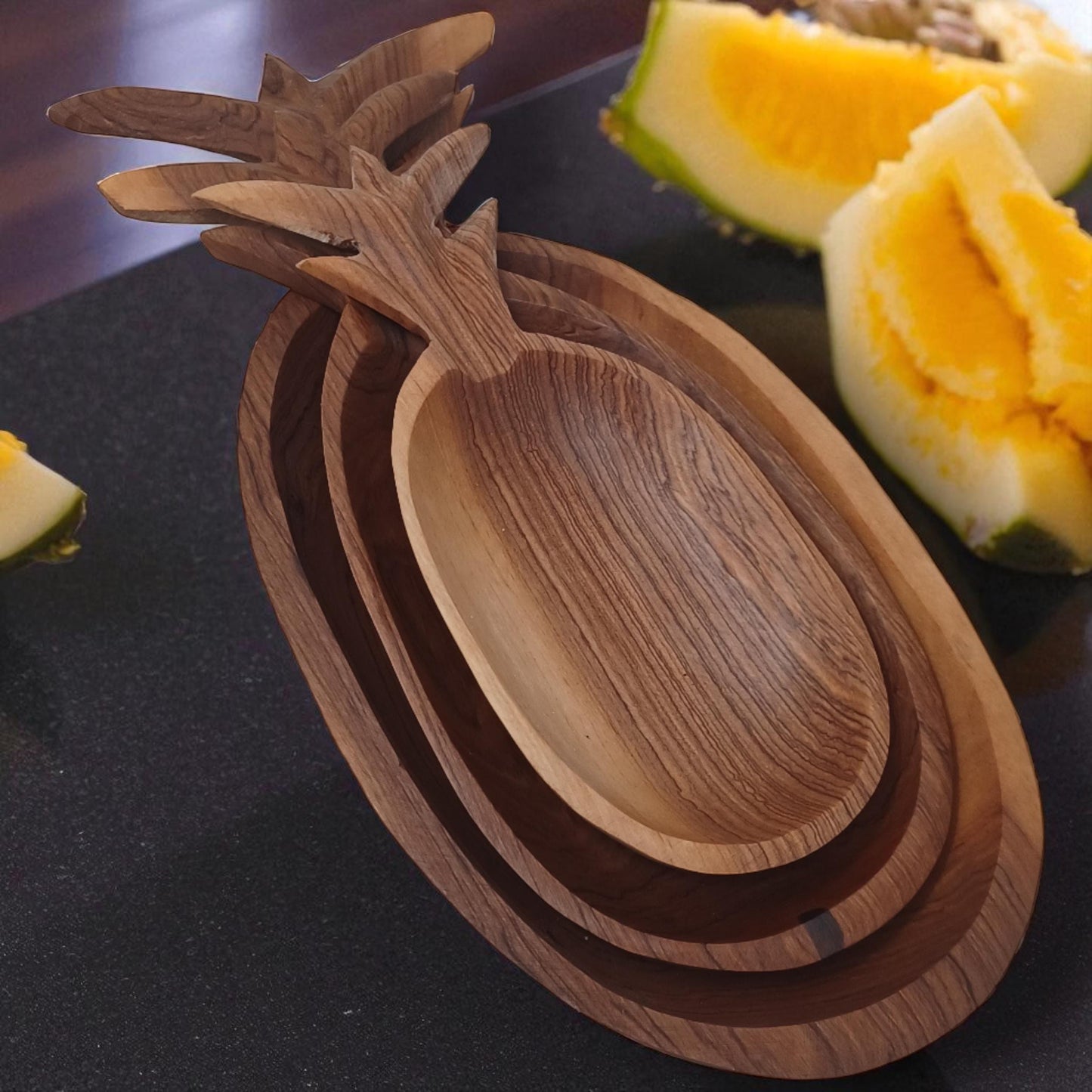 Handcrafted Olivewood Pineapple Bowls: Set of 3, Natural Wood Decor