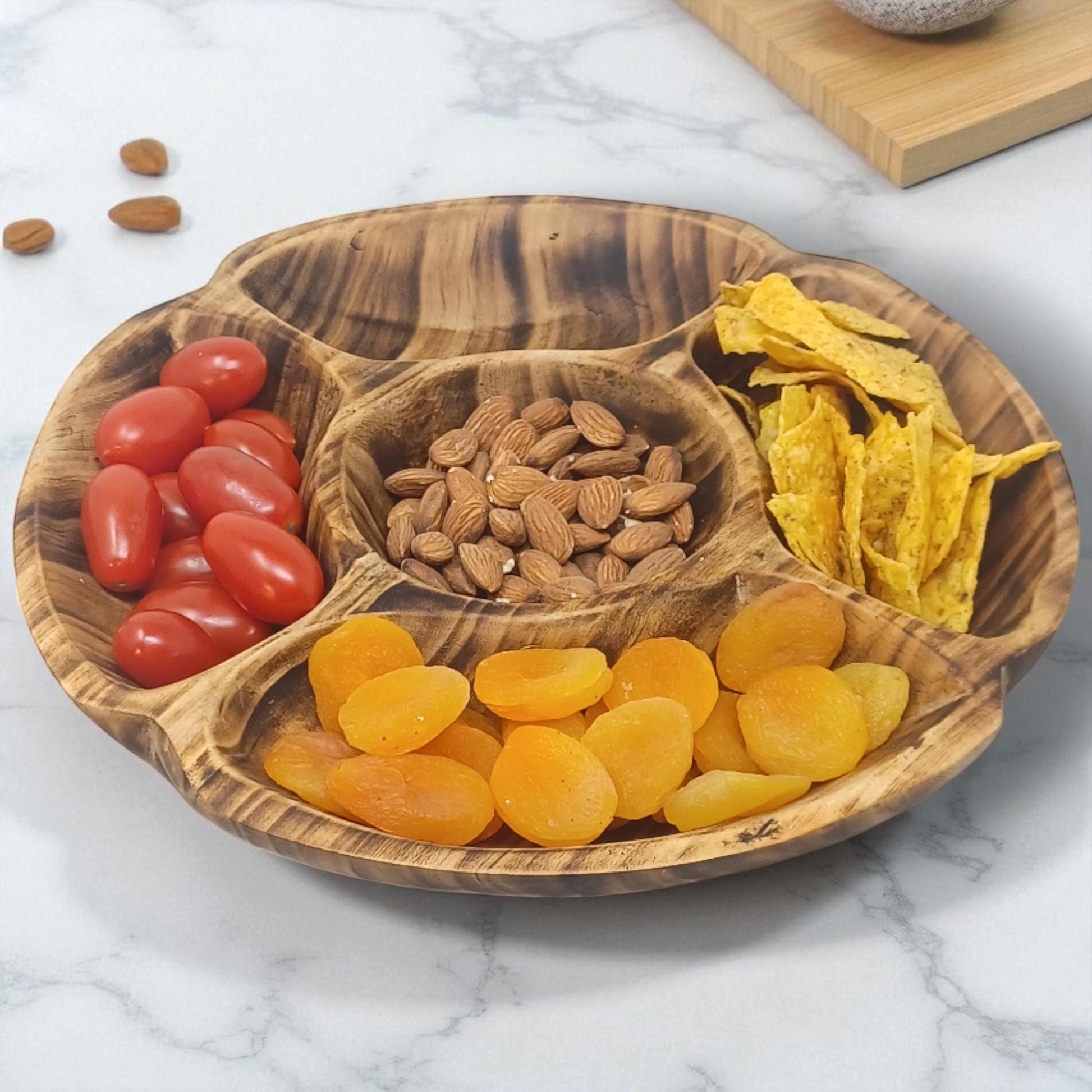 Handcrafted Olivewood 4-Section Round Serving Bowl | Rustic Snack Tray, Appetizer Platter, Holiday Entertaining Gift