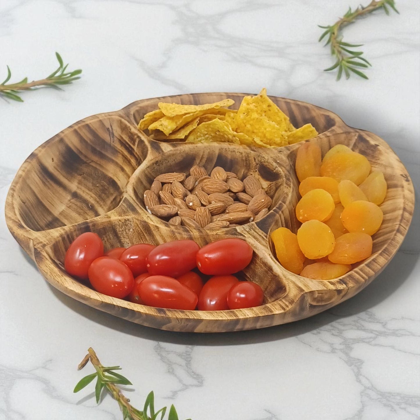 Handcrafted Olivewood 4-Section Round Serving Bowl | Rustic Snack Tray, Appetizer Platter, Holiday Entertaining Gift