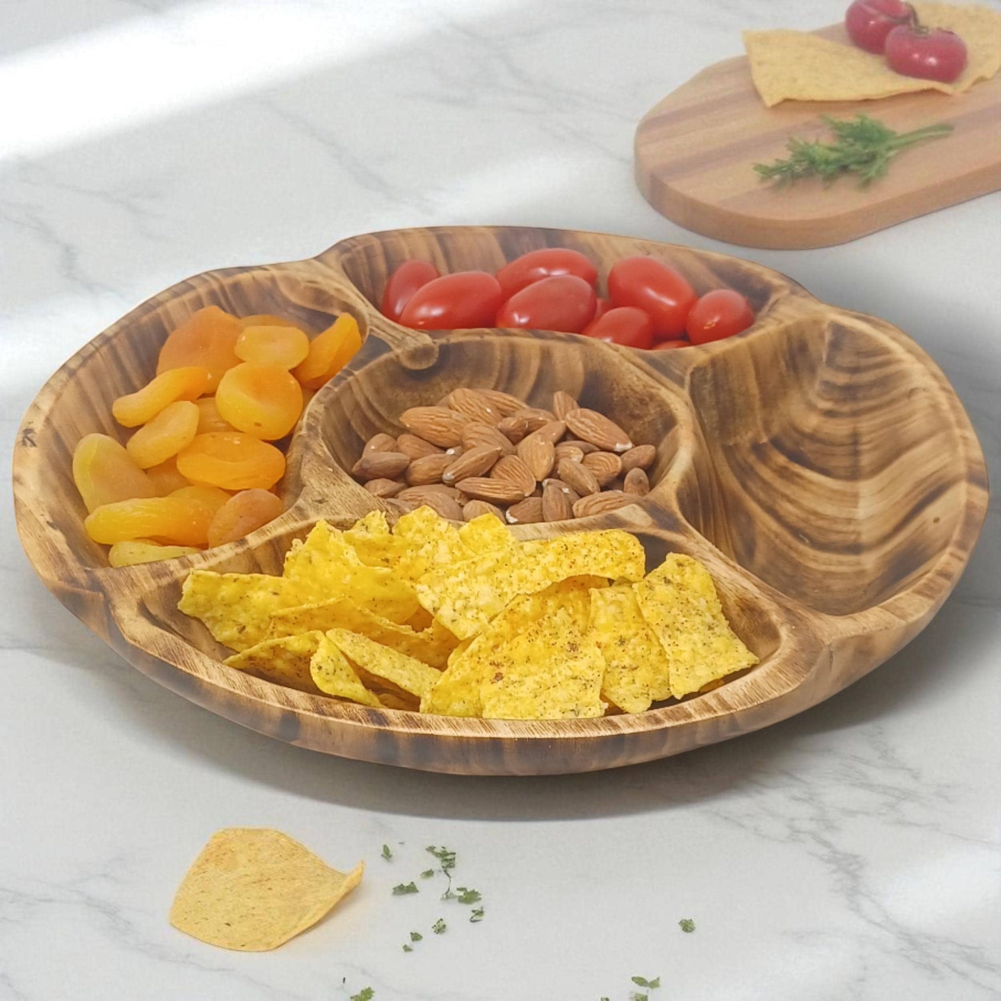 Handcrafted Olivewood 4-Section Round Serving Bowl | Rustic Snack Tray, Appetizer Platter, Holiday Entertaining Gift