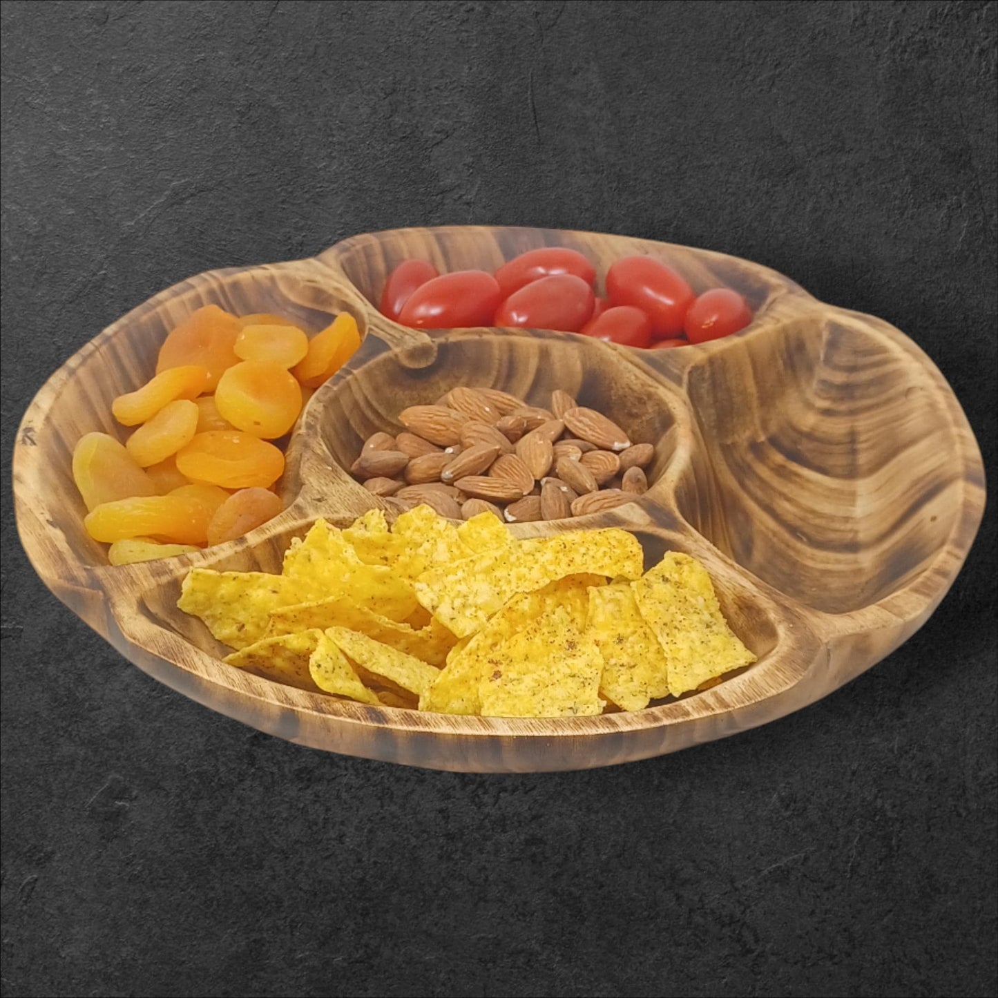 Handcrafted Olivewood 4-Section Round Serving Bowl | Rustic Snack Tray, Appetizer Platter, Holiday Entertaining Gift