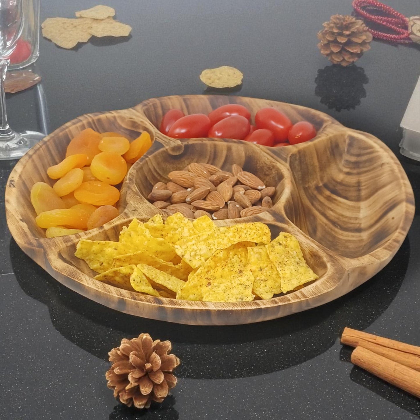 Handcrafted Olivewood 4-Section Round Serving Bowl | Rustic Snack Tray, Appetizer Platter, Holiday Entertaining Gift