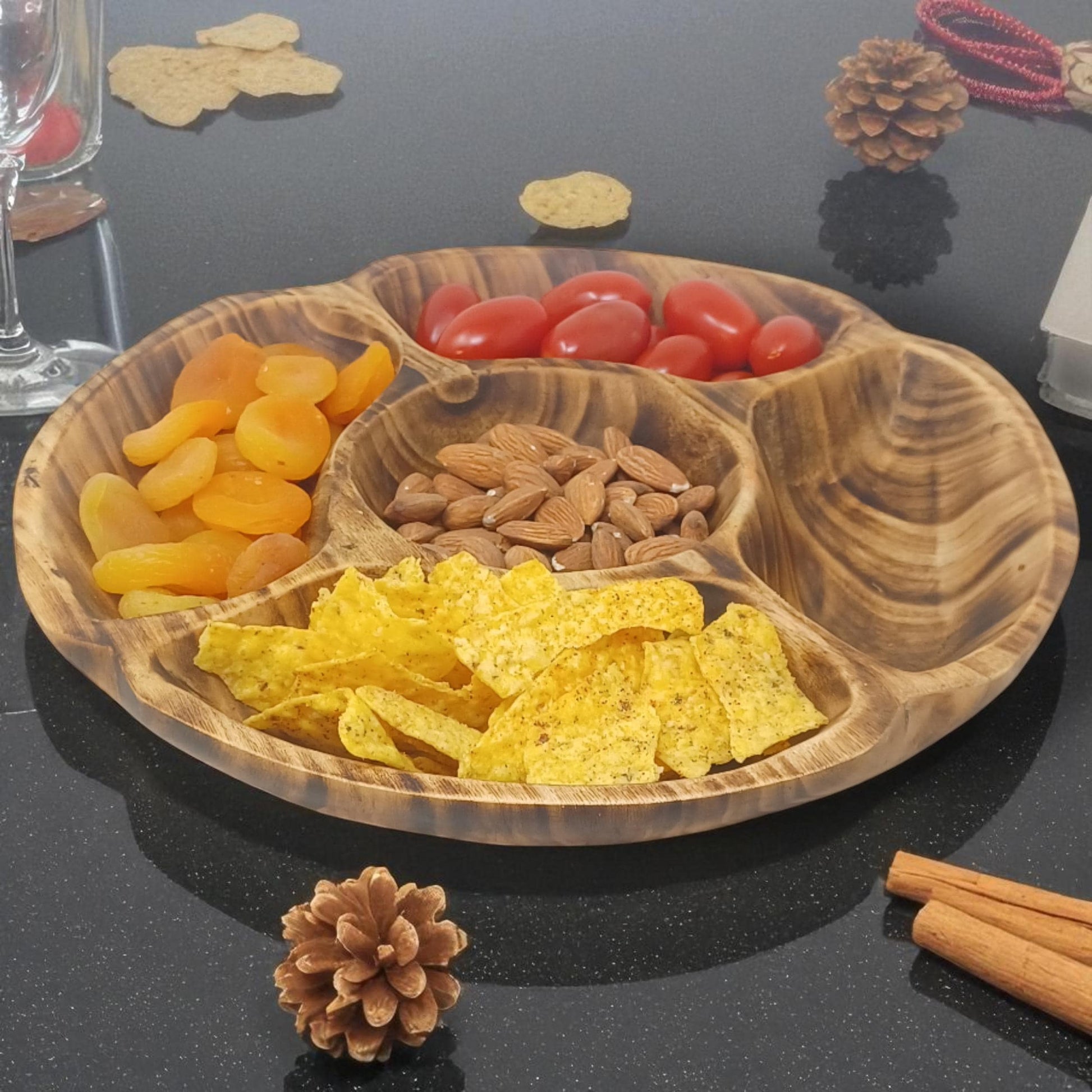 Handcrafted Olivewood 4-Section Round Serving Bowl | Rustic Snack Tray, Appetizer Platter, Holiday Entertaining Gift