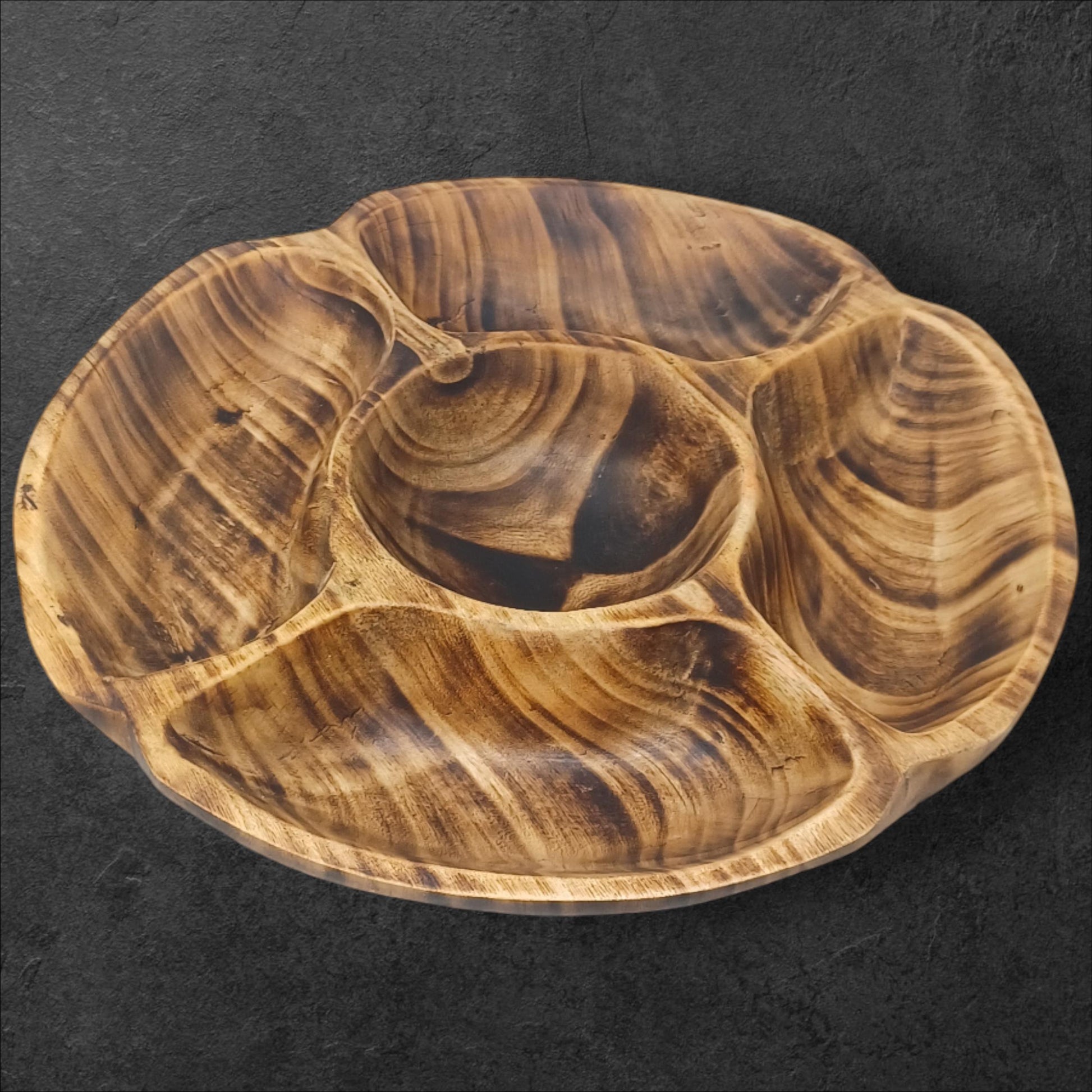 Handcrafted Olivewood 4-Section Round Serving Bowl | Rustic Snack Tray, Appetizer Platter, Holiday Entertaining Gift