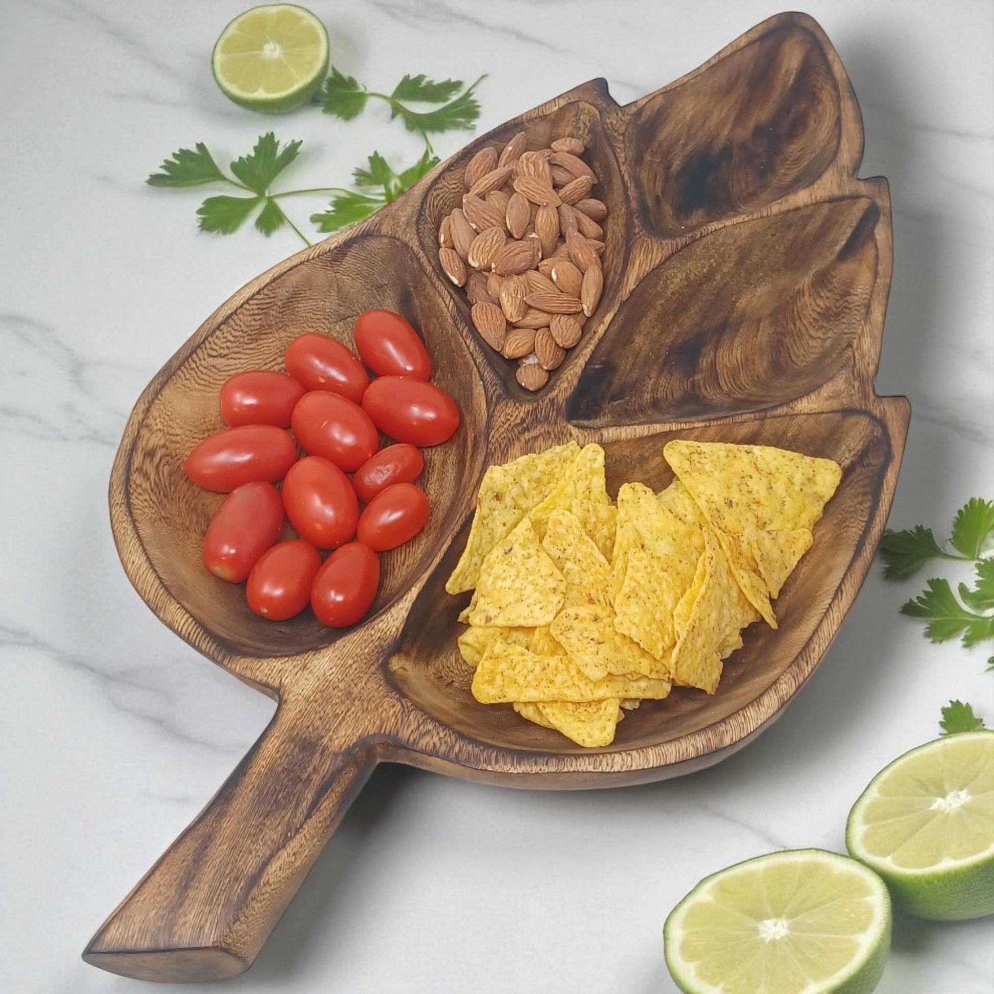 Leaf Shaped Olivewood Tray | 5-Section Handcrafted Wooden Serving Bowl, Appetizer Dish, Holiday Table Decor