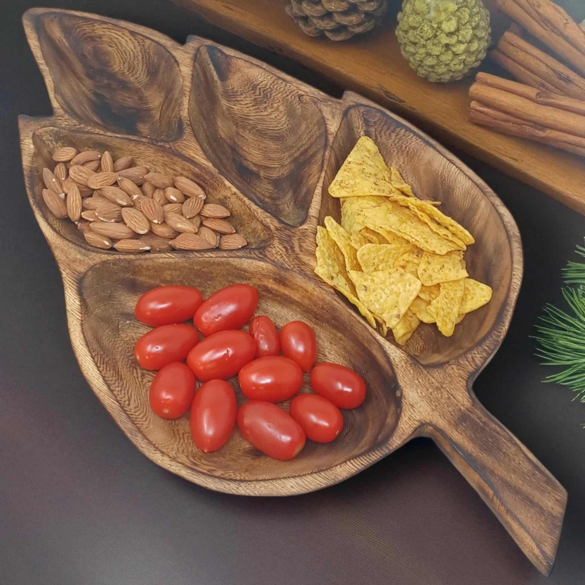 Leaf Shaped Olivewood Tray | 5-Section Handcrafted Wooden Serving Bowl, Appetizer Dish, Holiday Table Decor