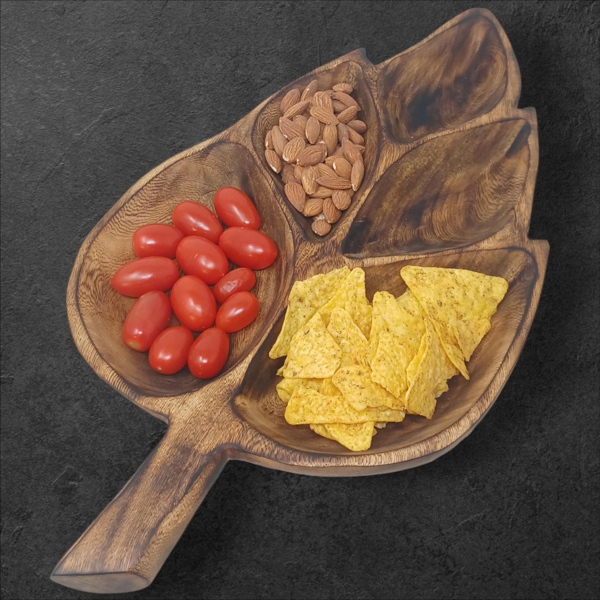 Leaf Shaped Olivewood Tray | 5-Section Handcrafted Wooden Serving Bowl, Appetizer Dish, Holiday Table Decor