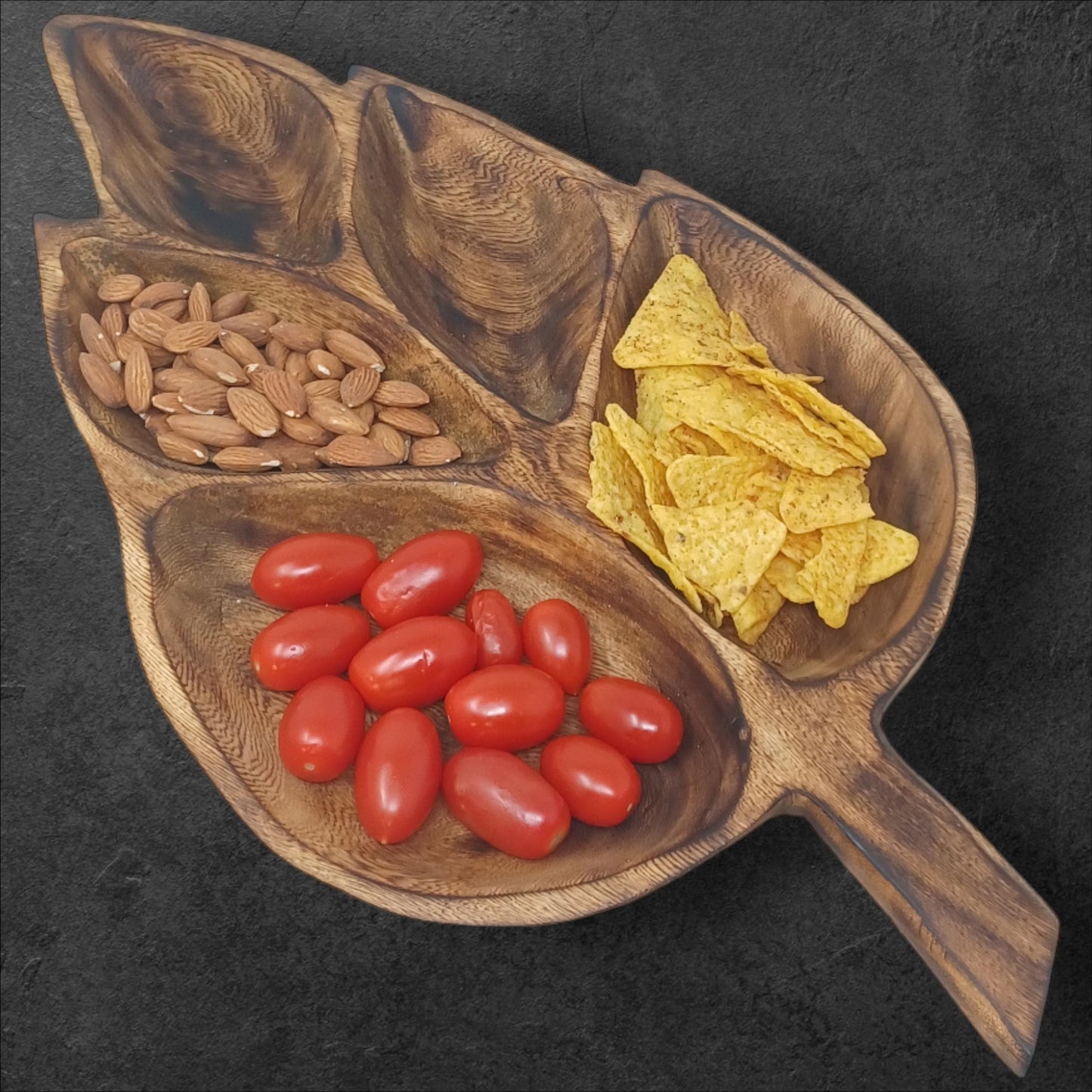 Leaf Shaped Olivewood Tray | 5-Section Handcrafted Wooden Serving Bowl, Appetizer Dish, Holiday Table Decor