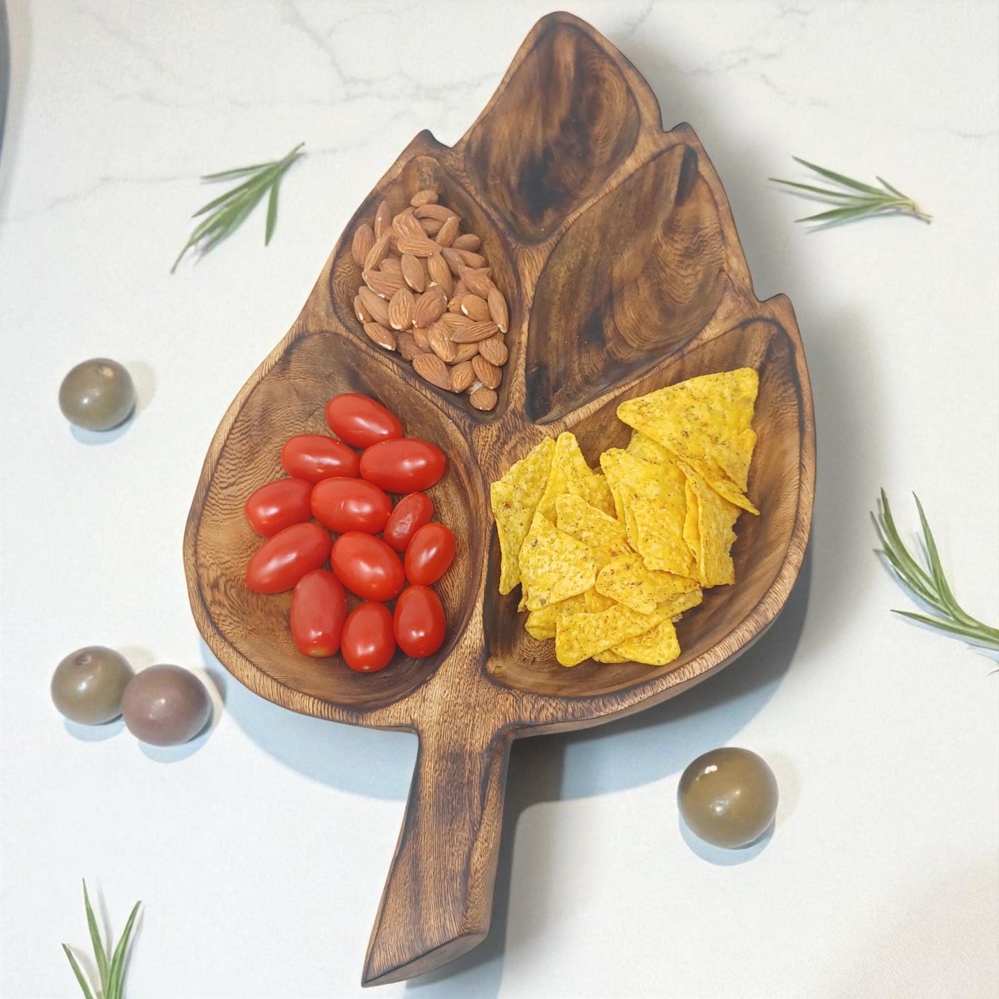 Leaf Shaped Olivewood Tray | 5-Section Handcrafted Wooden Serving Bowl, Appetizer Dish, Holiday Table Decor