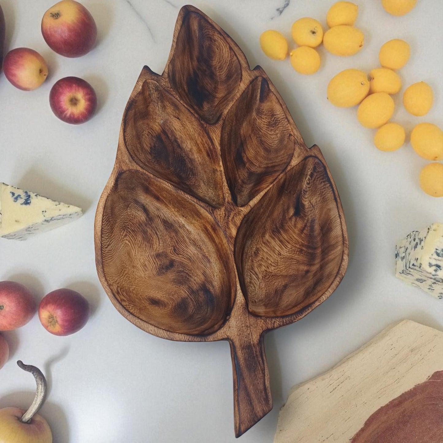 Leaf Shaped Olivewood Tray | 5-Section Handcrafted Wooden Serving Bowl, Appetizer Dish, Holiday Table Decor