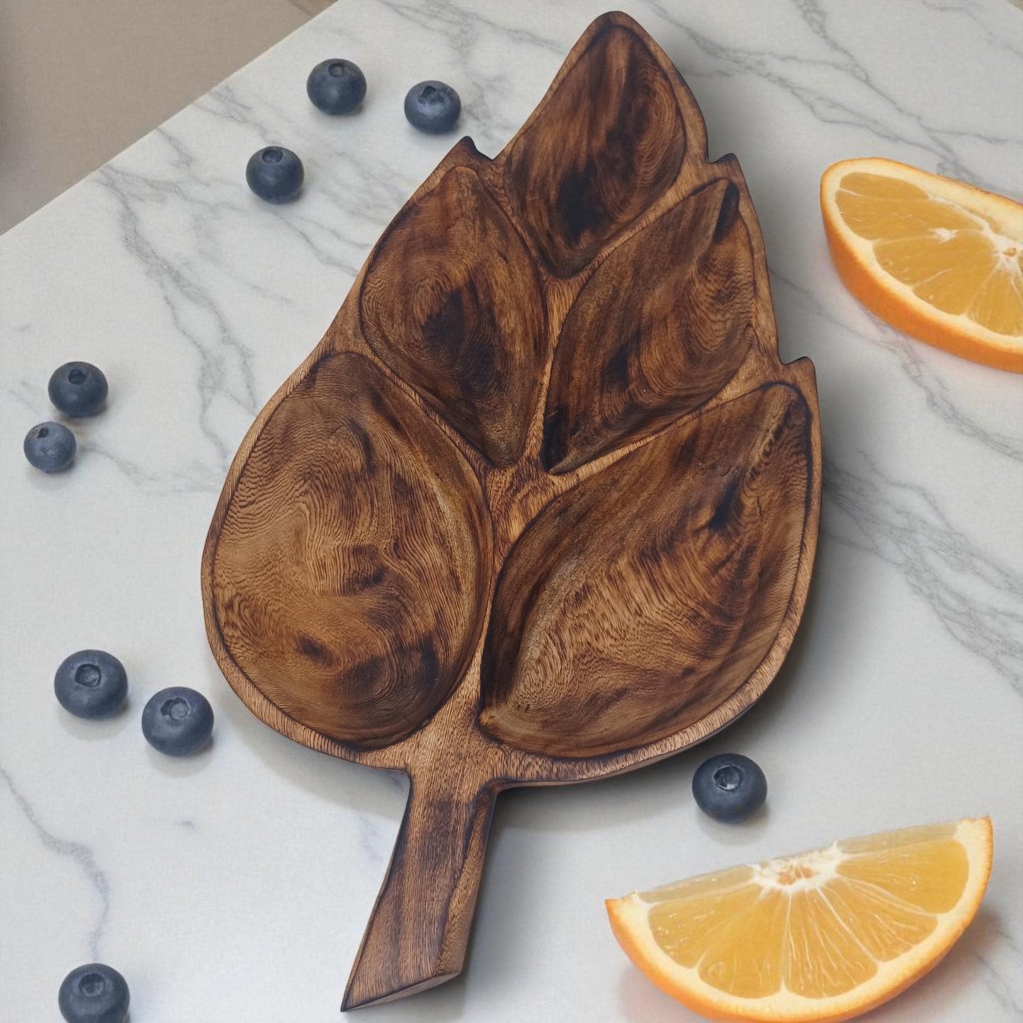 Leaf Shaped Olivewood Tray | 5-Section Handcrafted Wooden Serving Bowl, Appetizer Dish, Holiday Table Decor