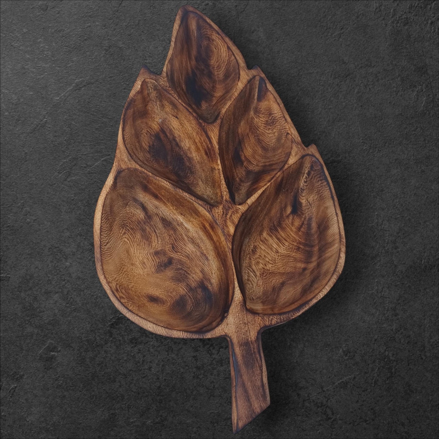 Leaf Shaped Olivewood Tray | 5-Section Handcrafted Wooden Serving Bowl, Appetizer Dish, Holiday Table Decor