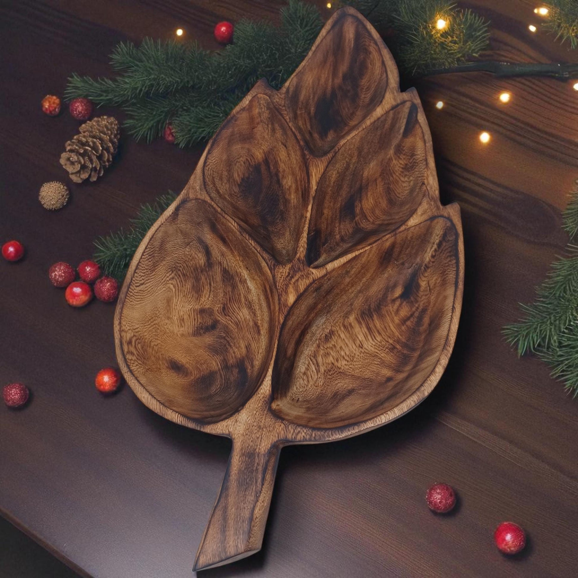 Leaf Shaped Olivewood Tray | 5-Section Handcrafted Wooden Serving Bowl, Appetizer Dish, Holiday Table Decor