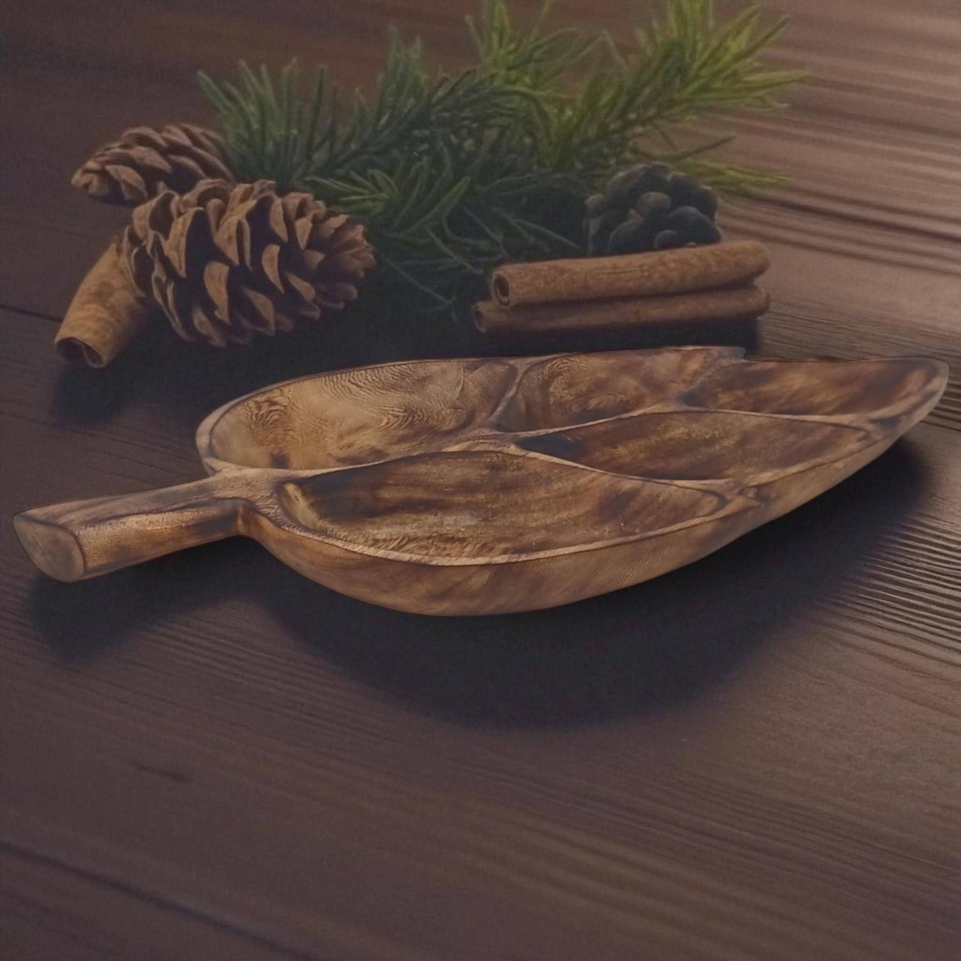 Leaf Shaped Olivewood Tray | 5-Section Handcrafted Wooden Serving Bowl, Appetizer Dish, Holiday Table Decor