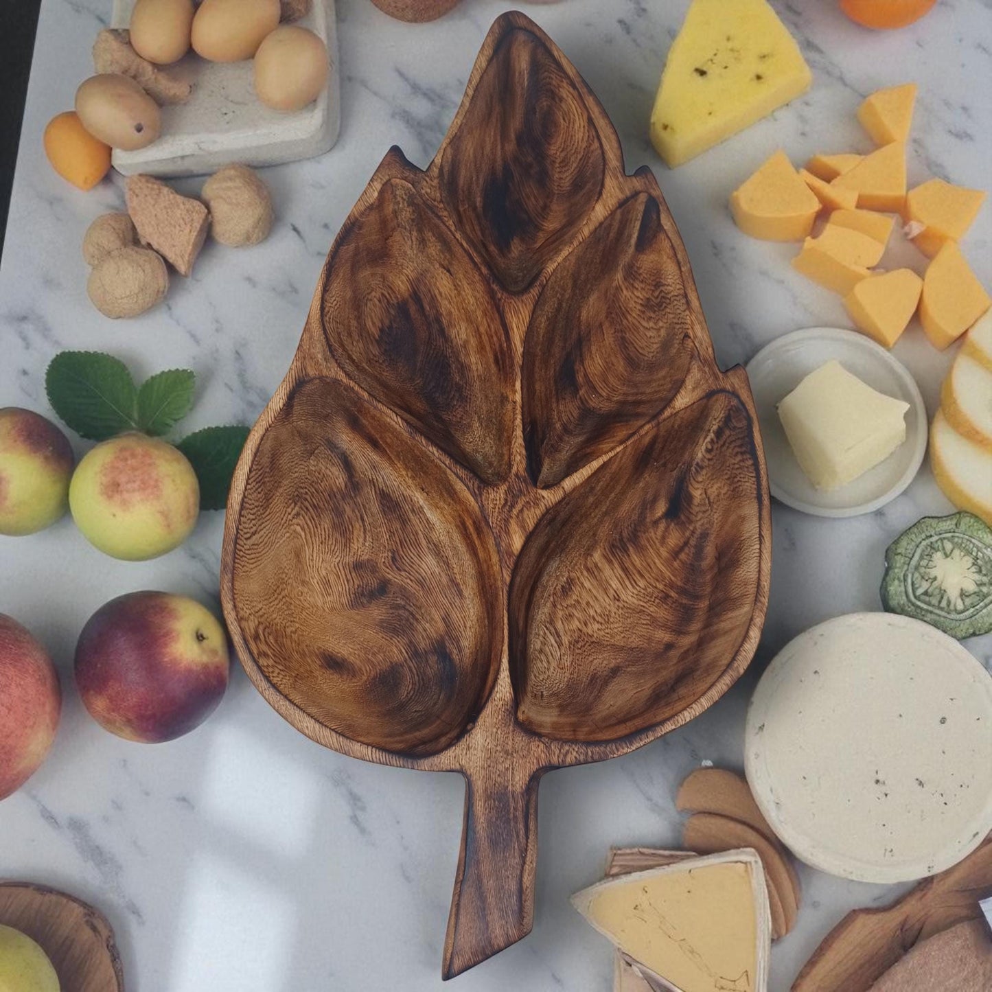 Leaf Shaped Olivewood Tray | 5-Section Handcrafted Wooden Serving Bowl, Appetizer Dish, Holiday Table Decor