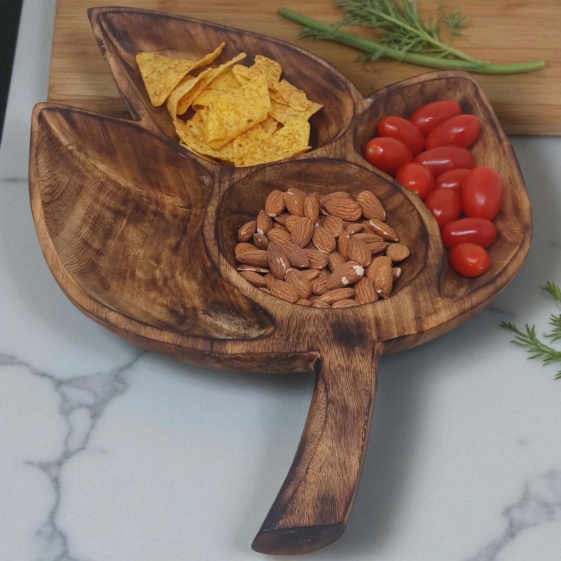 Clover Leaf Olivewood Serving Tray | 4-Section Snack Dish, Rustic Wooden Bowl for Parties & Holidays