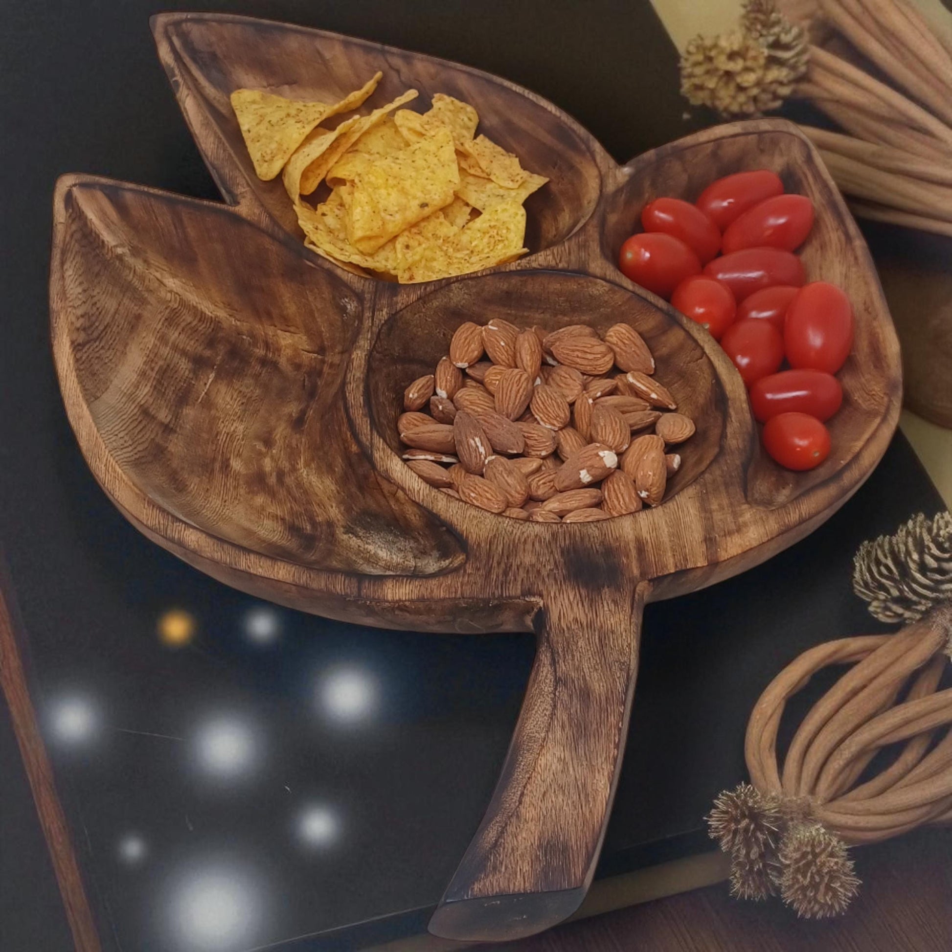 Clover Leaf Olivewood Serving Tray | 4-Section Snack Dish, Rustic Wooden Bowl for Parties & Holidays