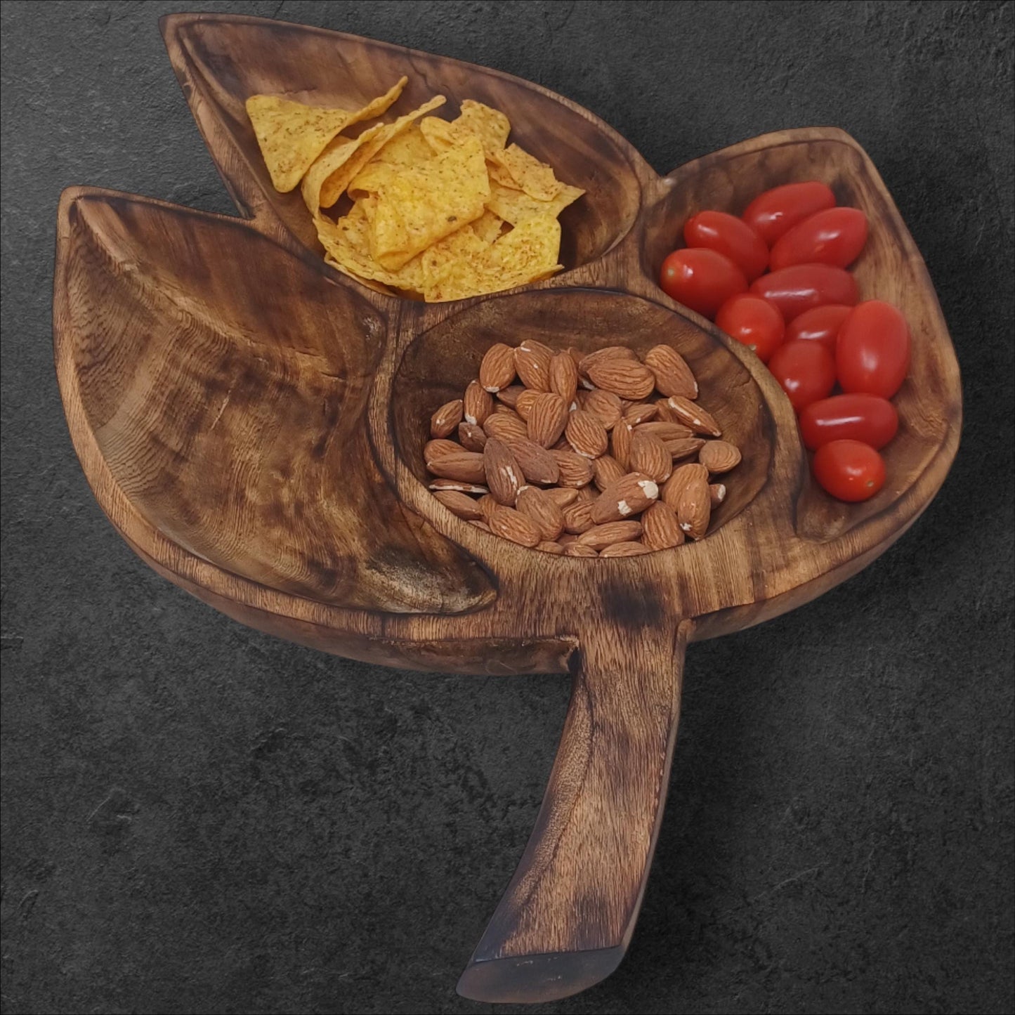 Clover Leaf Olivewood Serving Tray | 4-Section Snack Dish, Rustic Wooden Bowl for Parties & Holidays