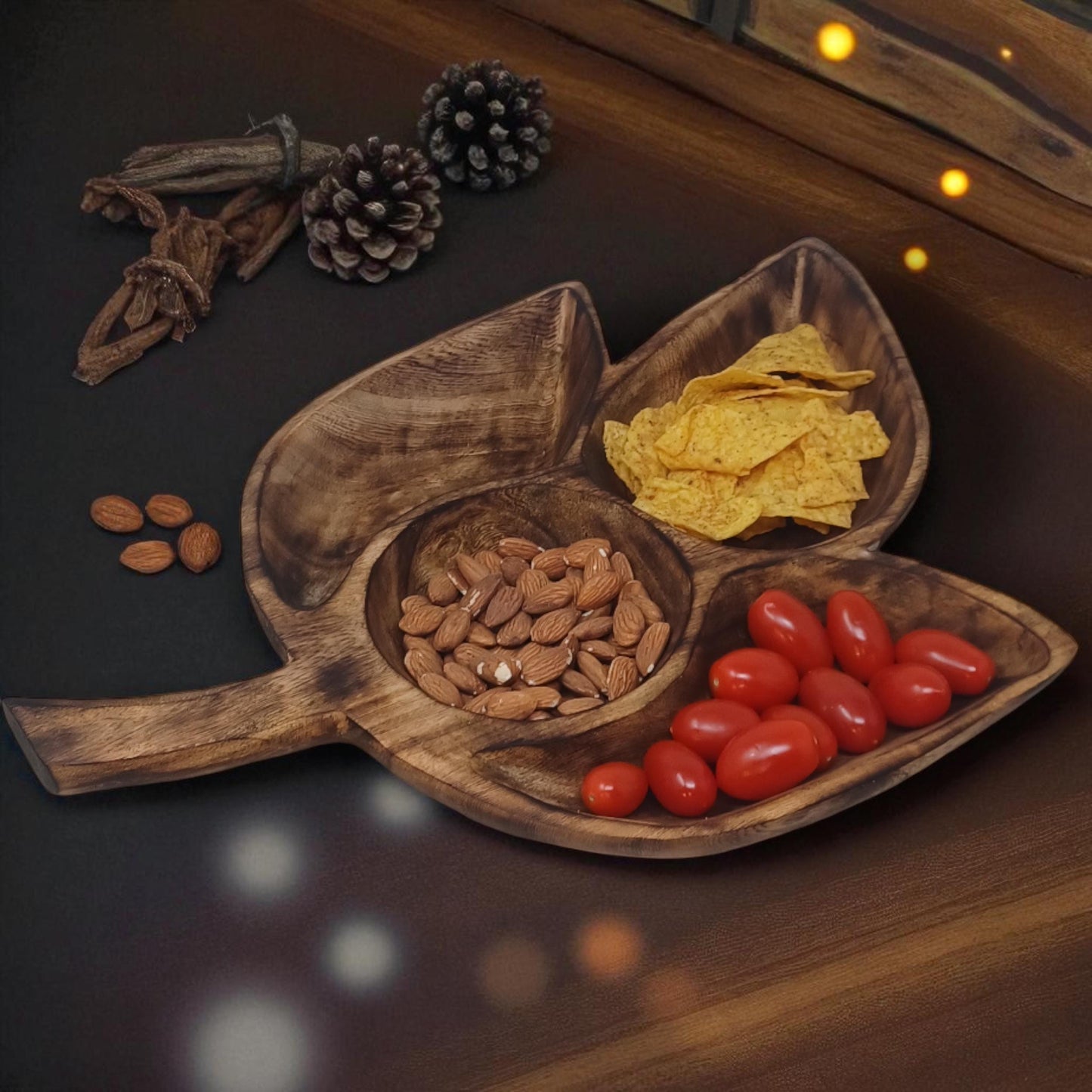 Clover Leaf Olivewood Serving Tray | 4-Section Snack Dish, Rustic Wooden Bowl for Parties & Holidays