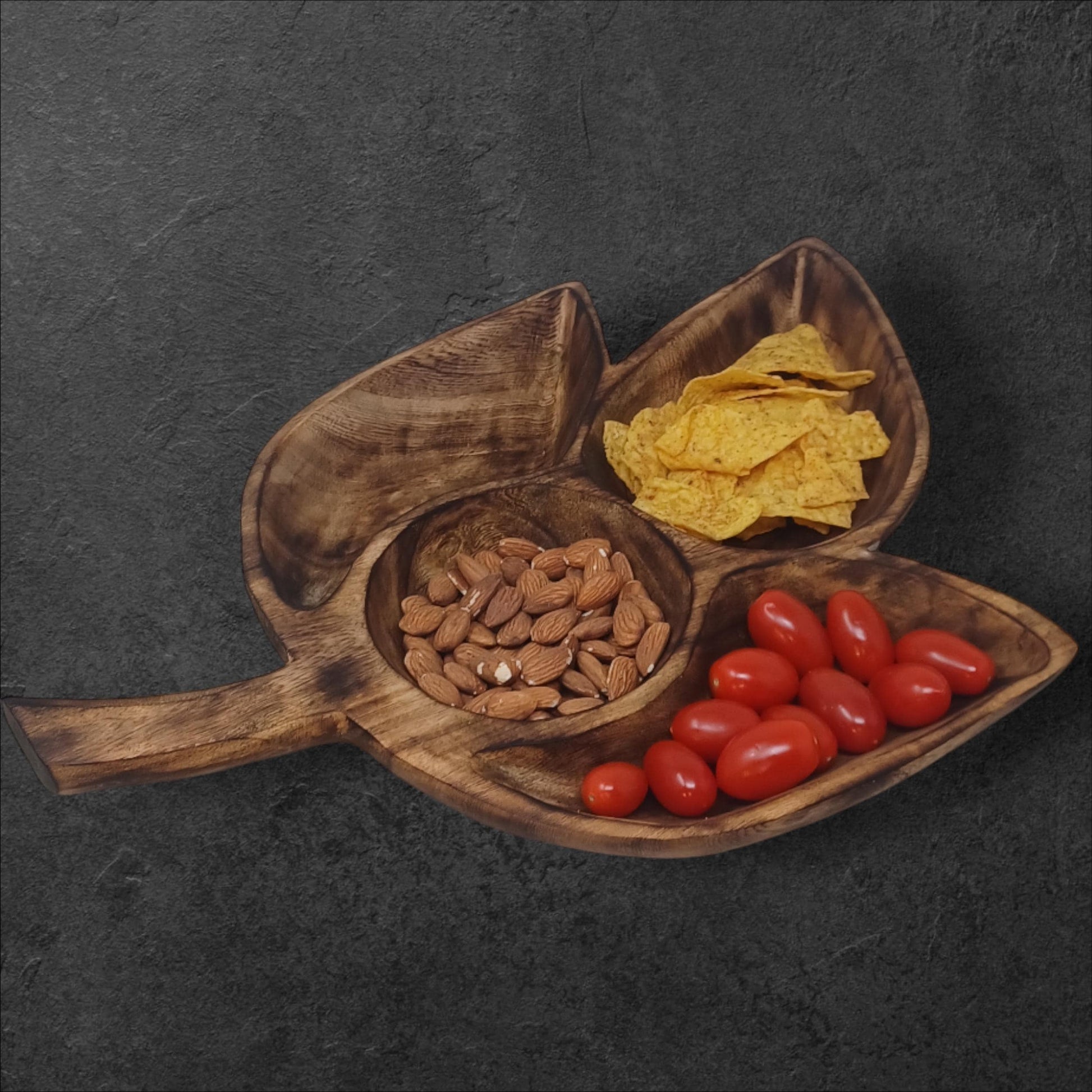 Clover Leaf Olivewood Serving Tray | 4-Section Snack Dish, Rustic Wooden Bowl for Parties & Holidays