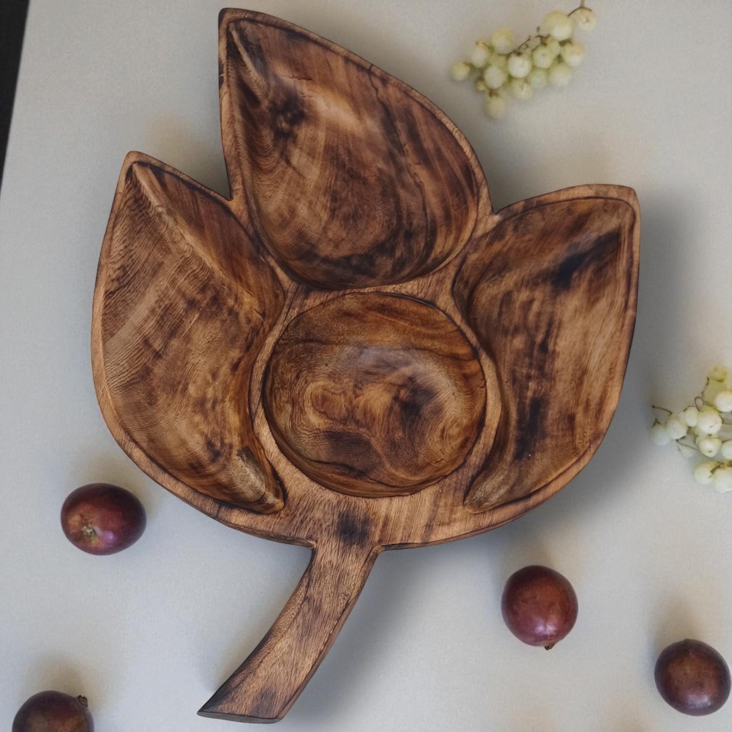 Clover Leaf Olivewood Serving Tray | 4-Section Snack Dish, Rustic Wooden Bowl for Parties & Holidays