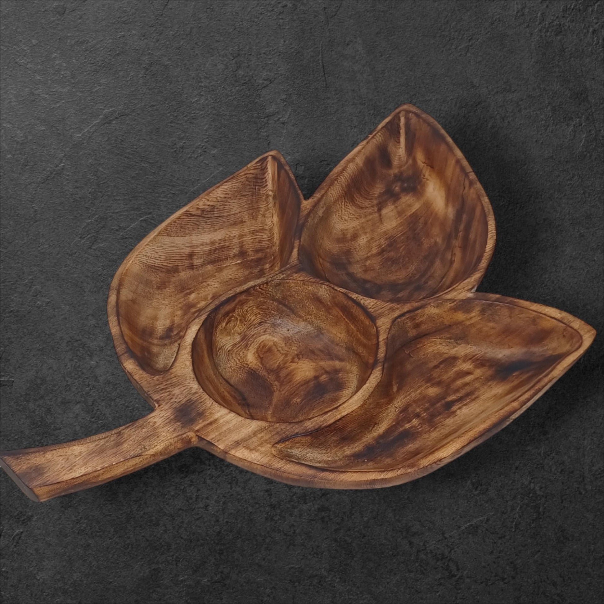 Clover Leaf Olivewood Serving Tray | 4-Section Snack Dish, Rustic Wooden Bowl for Parties & Holidays