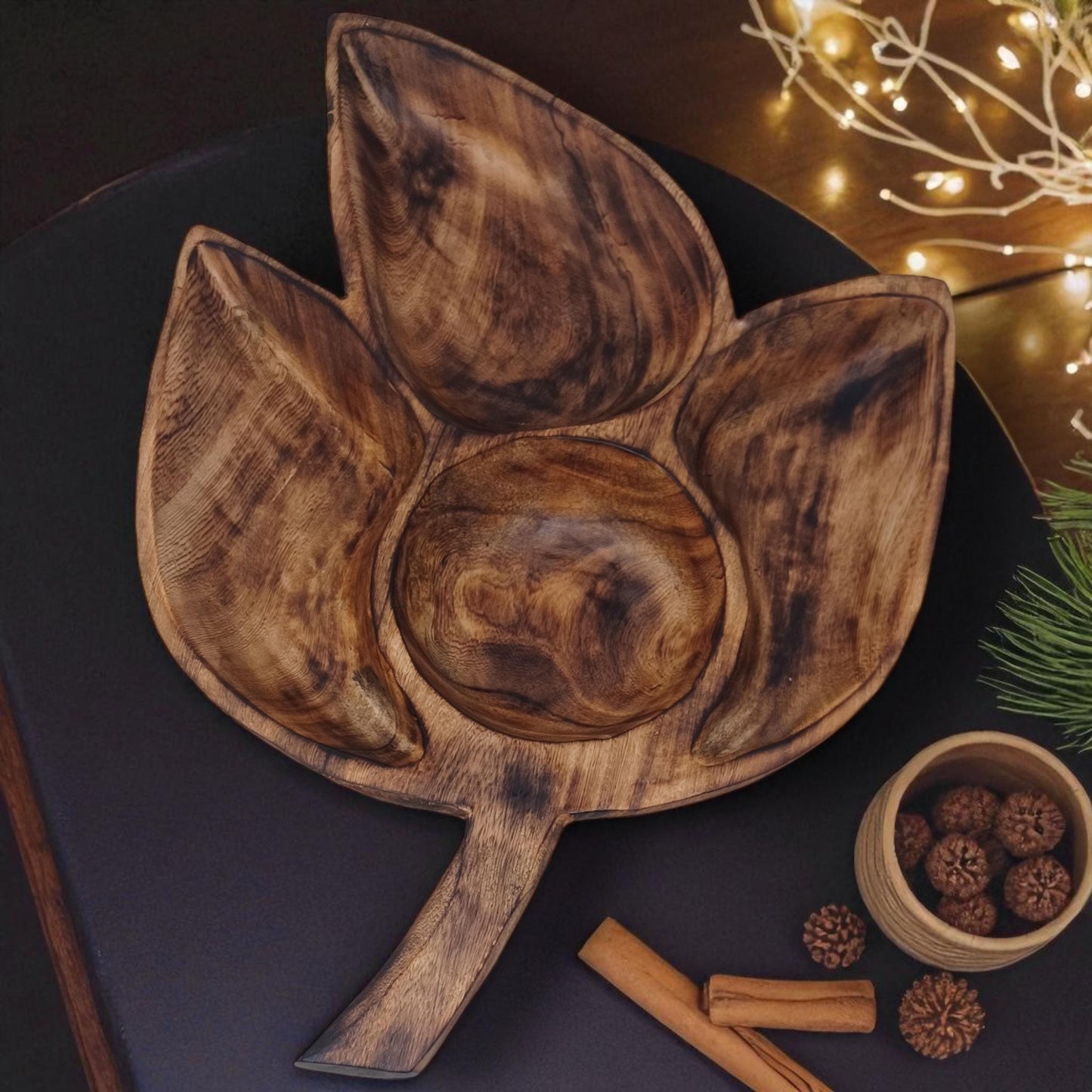 Clover Leaf Olivewood Serving Tray | 4-Section Snack Dish, Rustic Wooden Bowl for Parties & Holidays