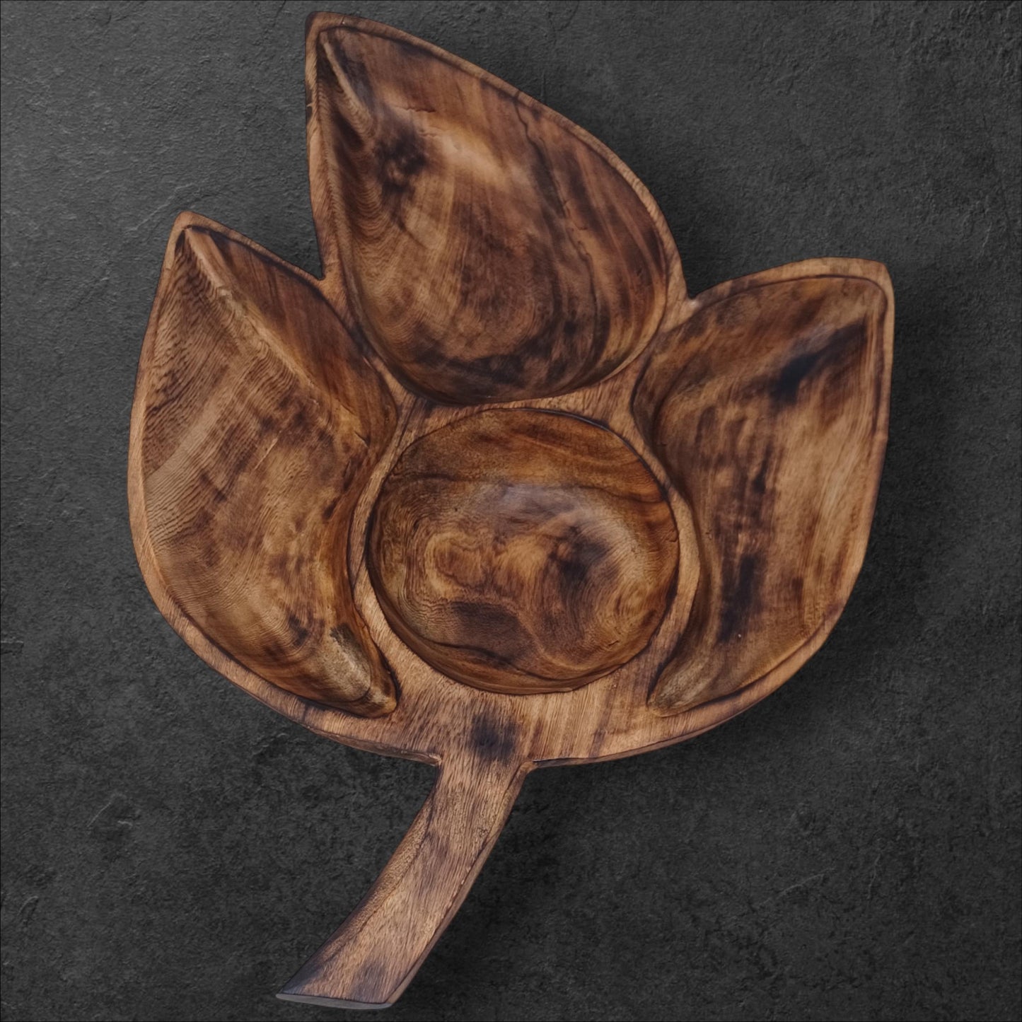 Clover Leaf Olivewood Serving Tray | 4-Section Snack Dish, Rustic Wooden Bowl for Parties & Holidays