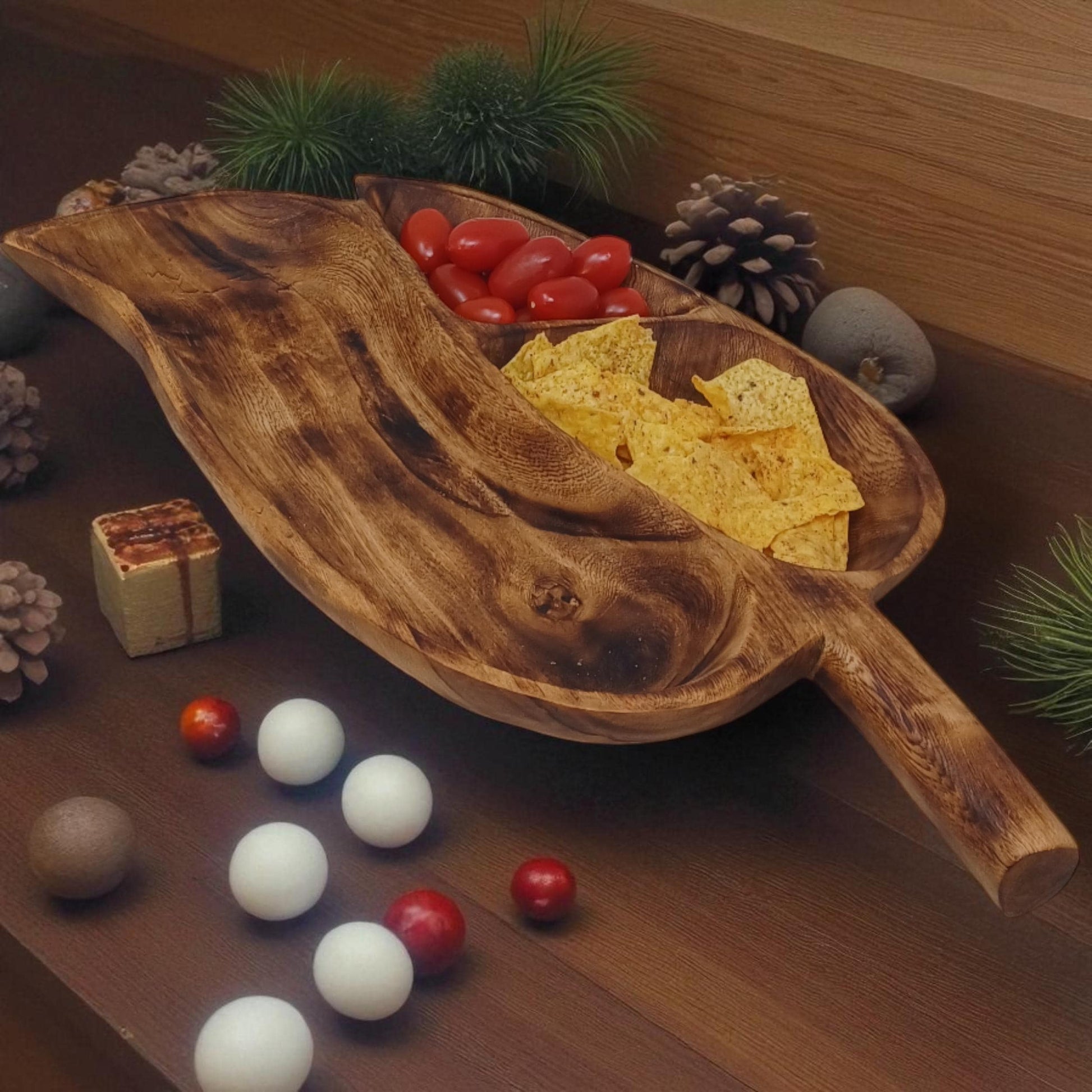 Hand-Carved Olivewood Charcuterie Tray: Leaf Shaped Wooden Platter