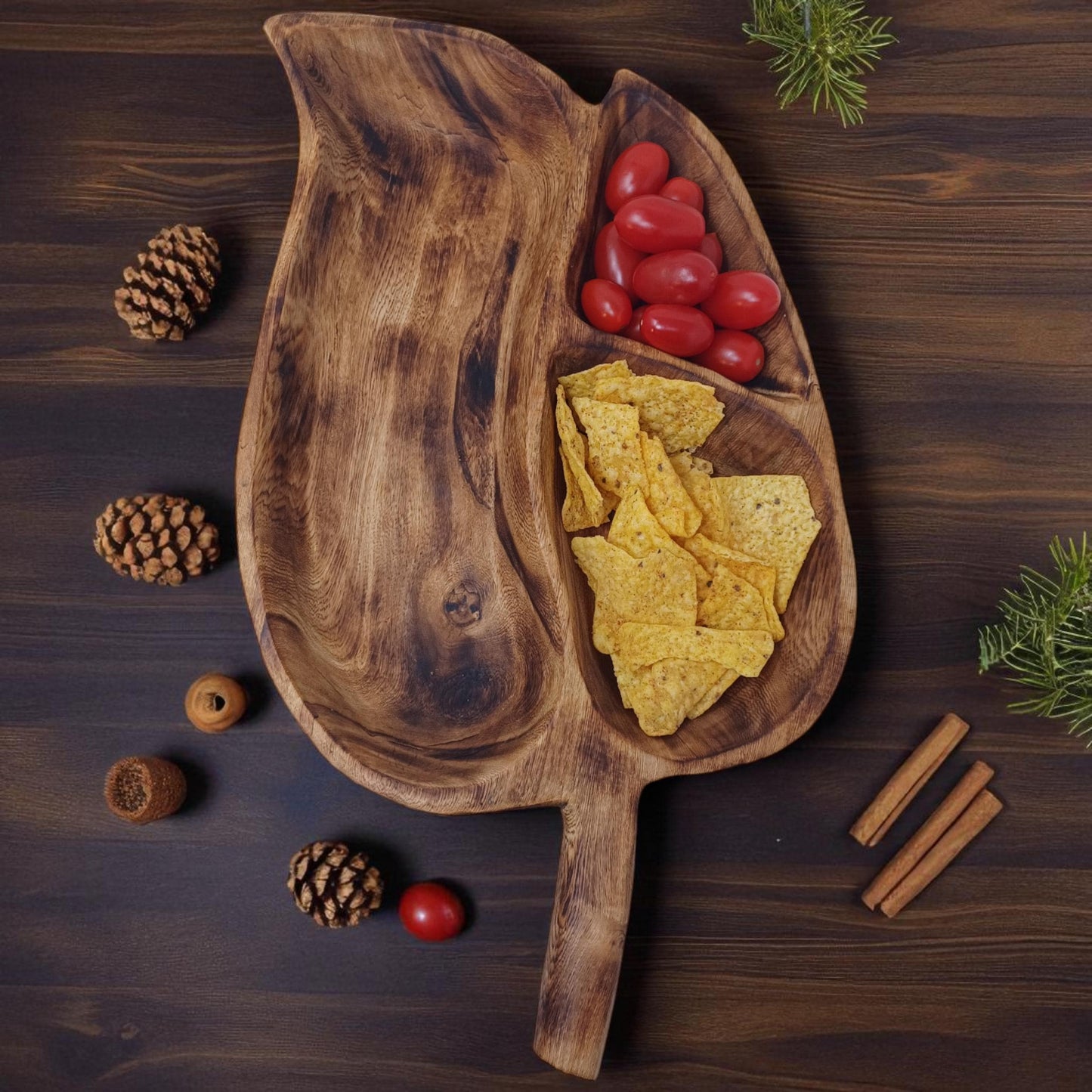 Hand-Carved Olivewood Charcuterie Tray: Leaf Shaped Wooden Platter