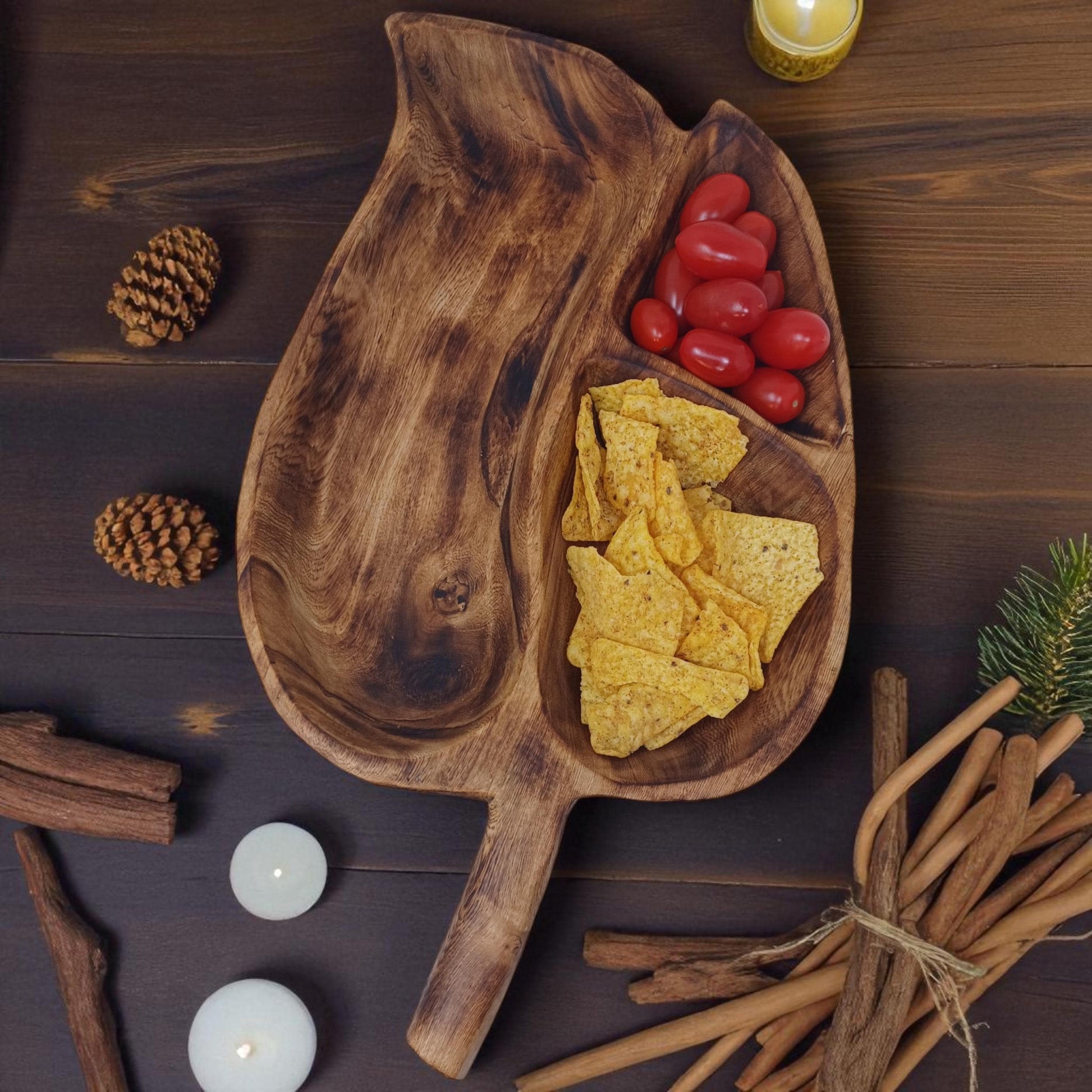 Hand-Carved Olivewood Charcuterie Tray: Leaf Shaped Wooden Platter