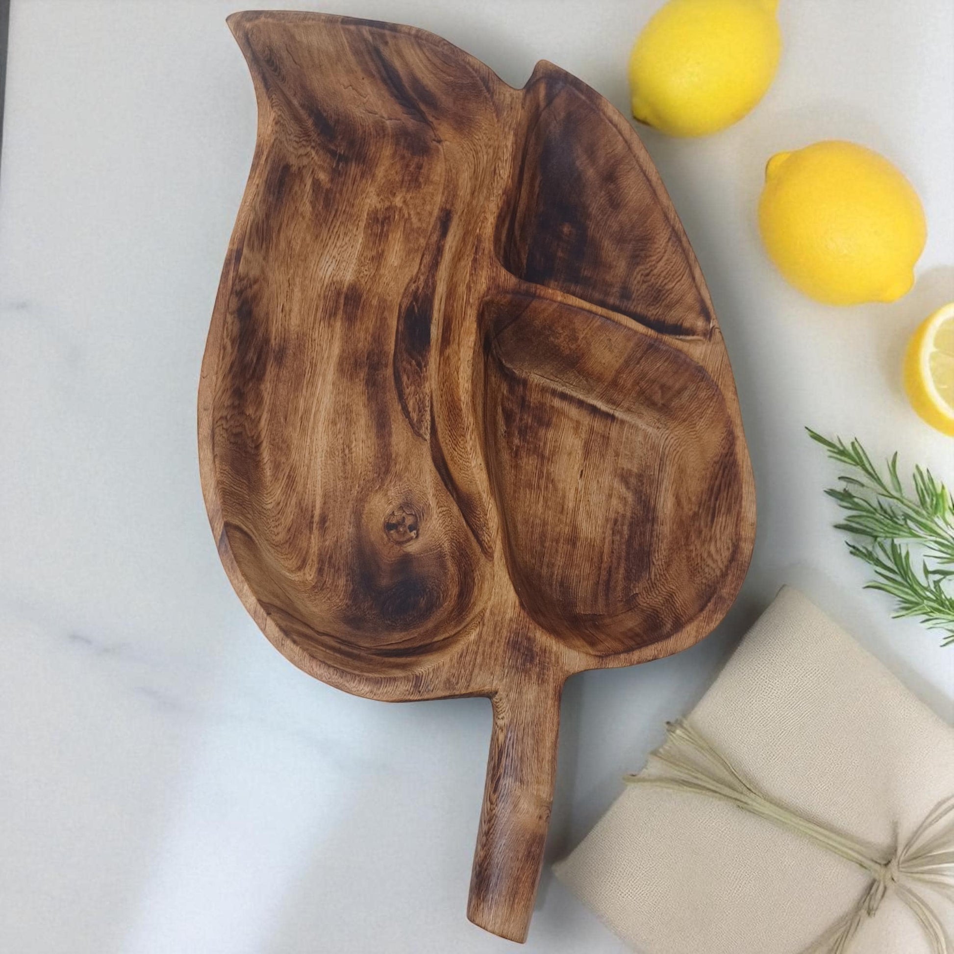 Hand-Carved Olivewood Charcuterie Tray: Leaf Shaped Wooden Platter