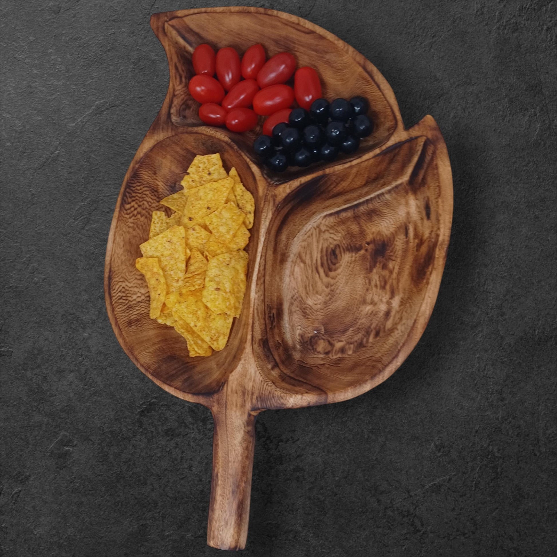 Divided Olivewood Leaf Snack Tray | Handcrafted Wooden Serving Bowl, Rustic Tableware, Appetizer Dish