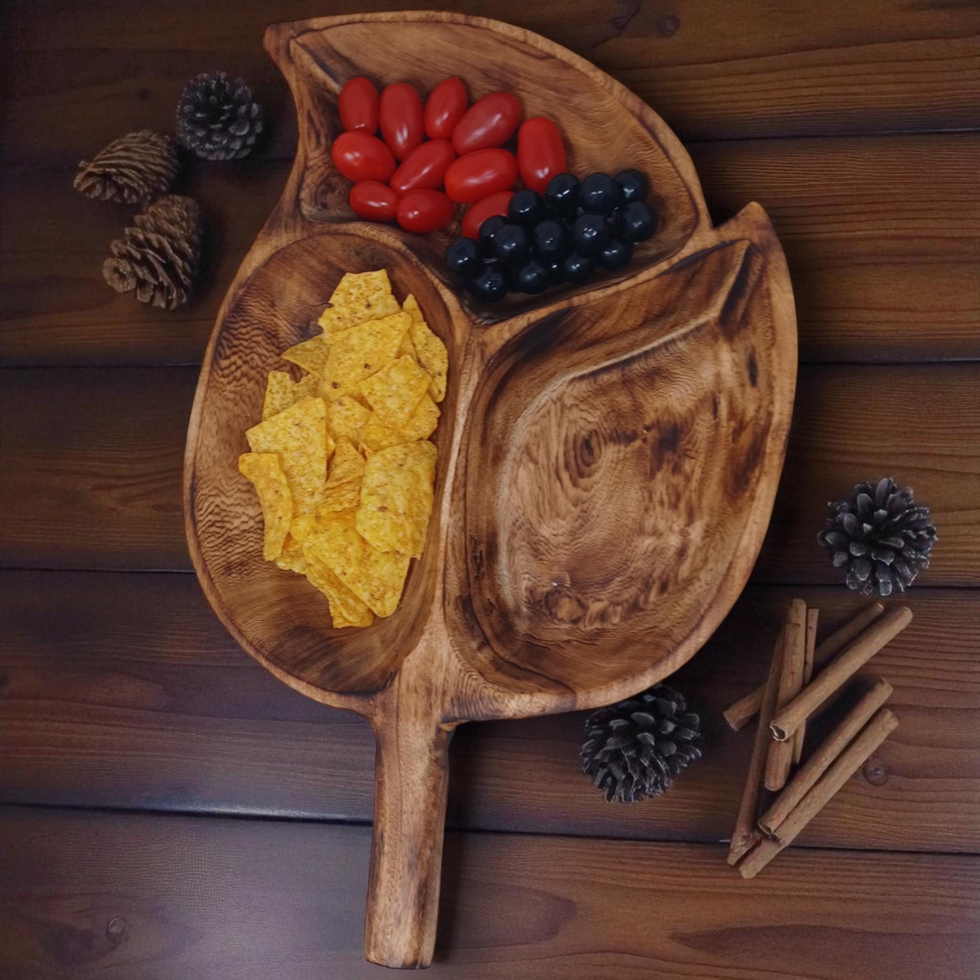 Divided Olivewood Leaf Snack Tray | Handcrafted Wooden Serving Bowl, Rustic Tableware, Appetizer Dish