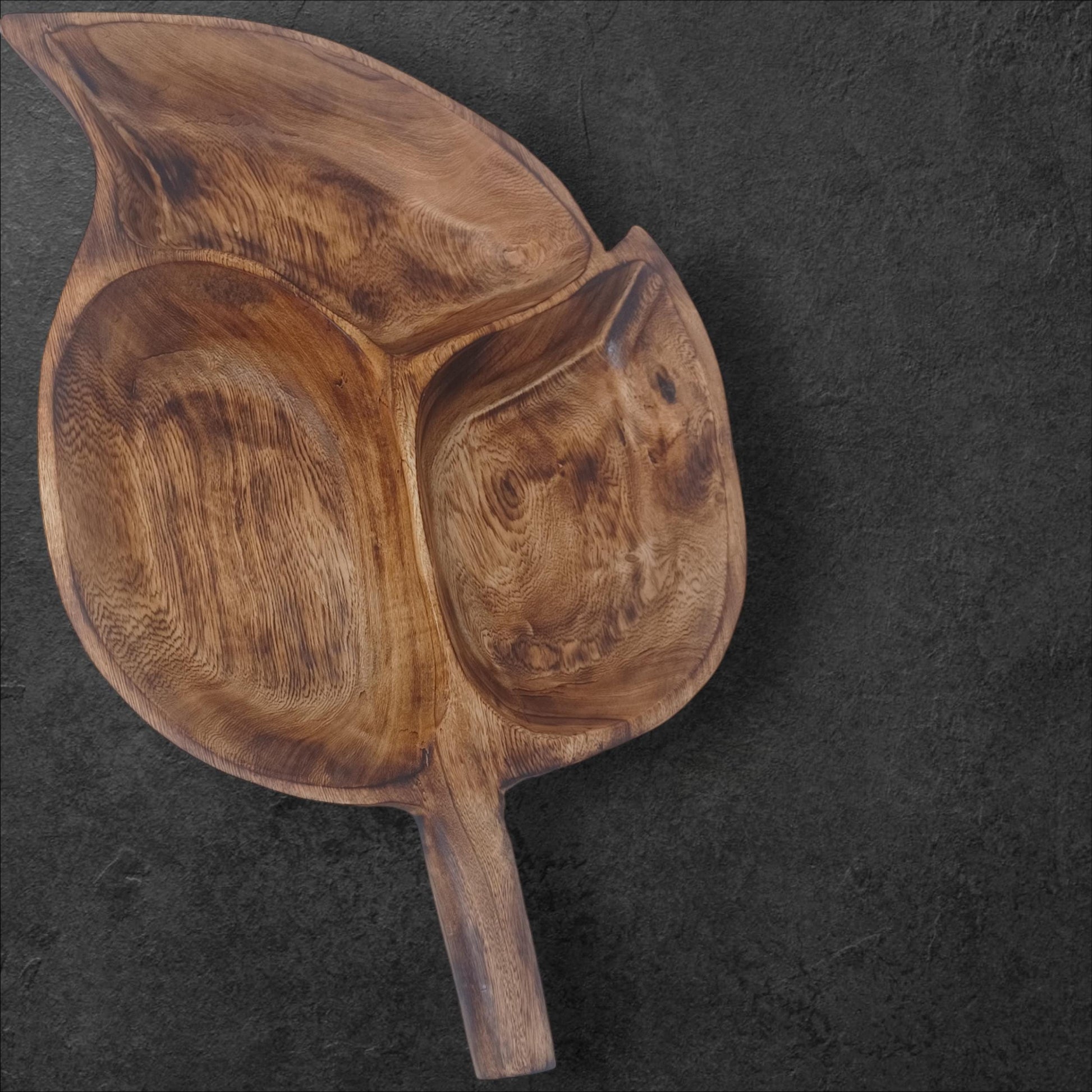 Divided Olivewood Leaf Snack Tray | Handcrafted Wooden Serving Bowl, Rustic Tableware, Appetizer Dish