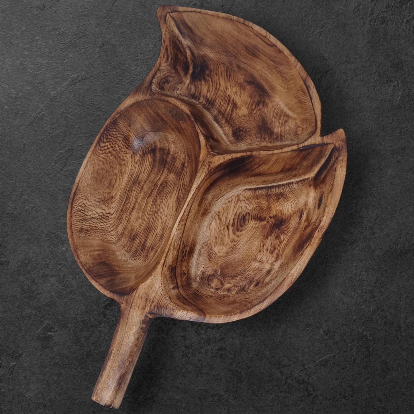 Divided Olivewood Leaf Snack Tray | Handcrafted Wooden Serving Bowl, Rustic Tableware, Appetizer Dish