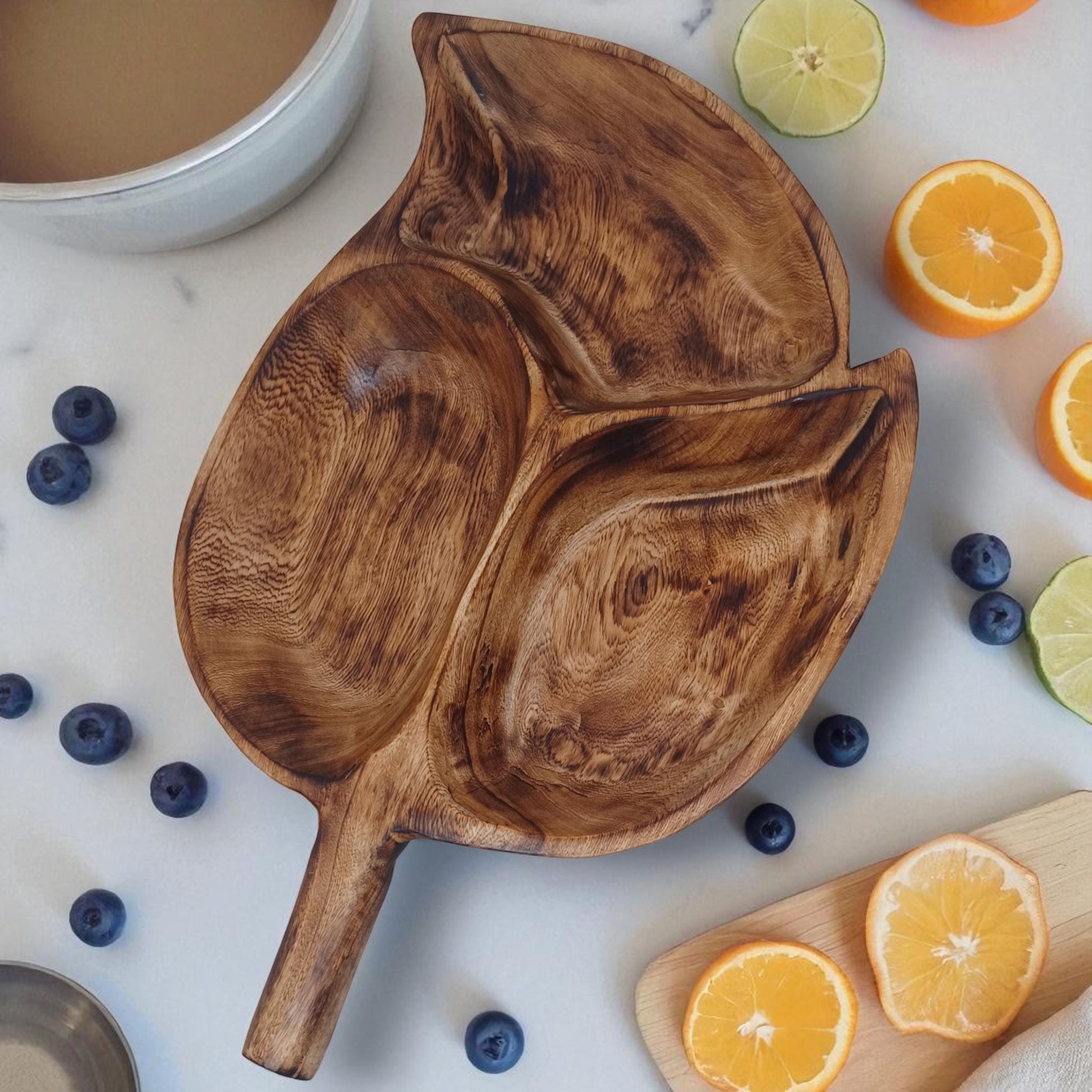 Divided Olivewood Leaf Snack Tray | Handcrafted Wooden Serving Bowl, Rustic Tableware, Appetizer Dish