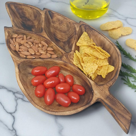 Leaf Shaped Olivewood Tray | 5-Section Handcrafted Wooden Serving Bowl, Appetizer Dish, Holiday Table Decor