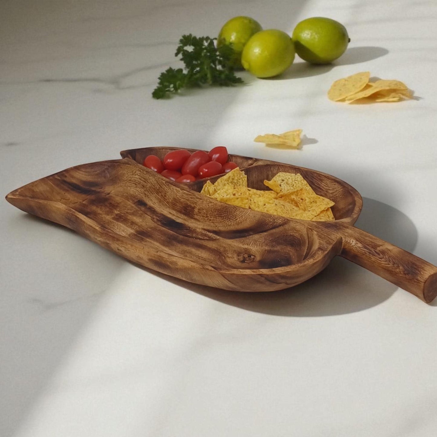 Hand-Carved Olivewood Charcuterie Tray: Leaf Shaped Wooden Platter