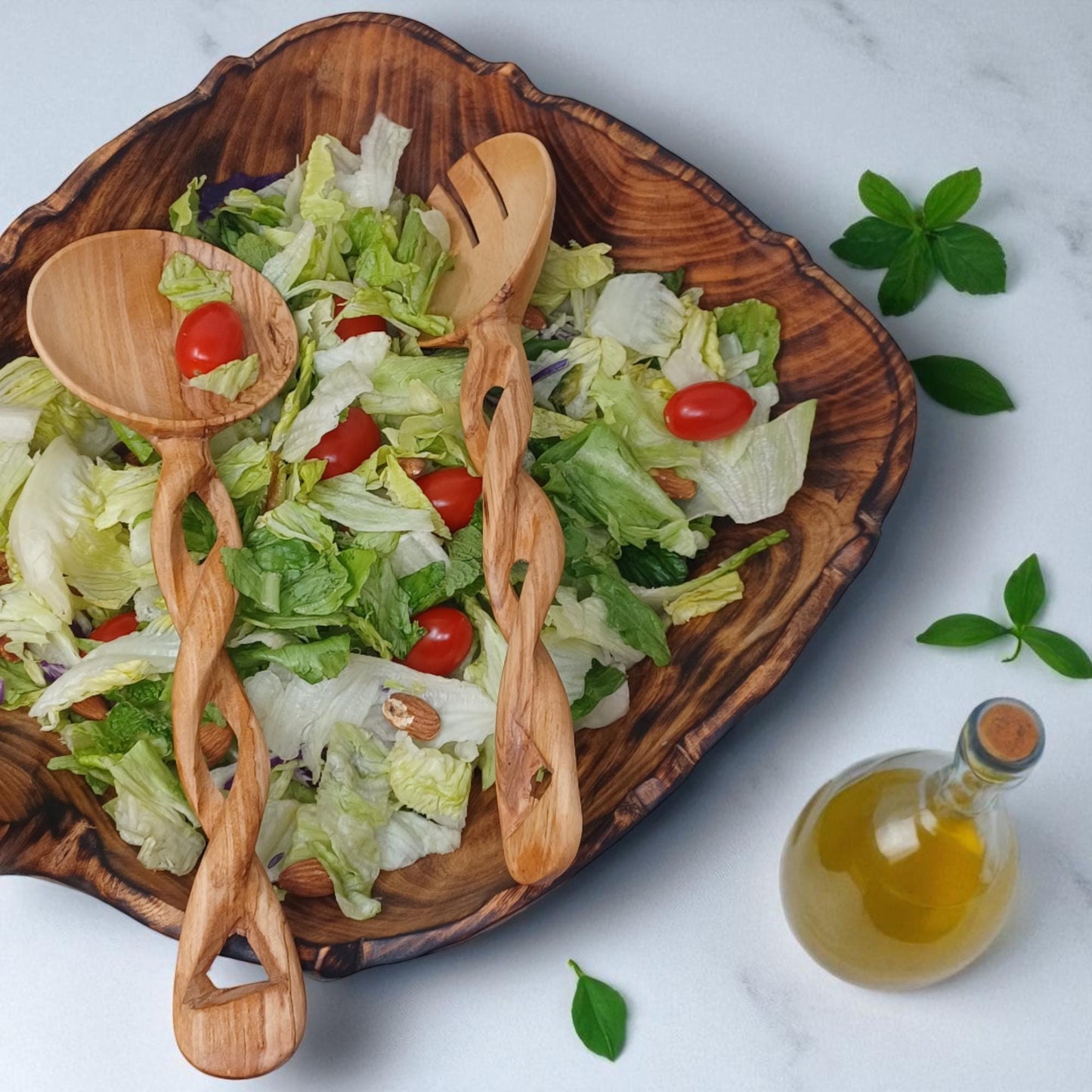 Hand-Carved Olivewood Salad Servers: Spiral Design, Chef Gift