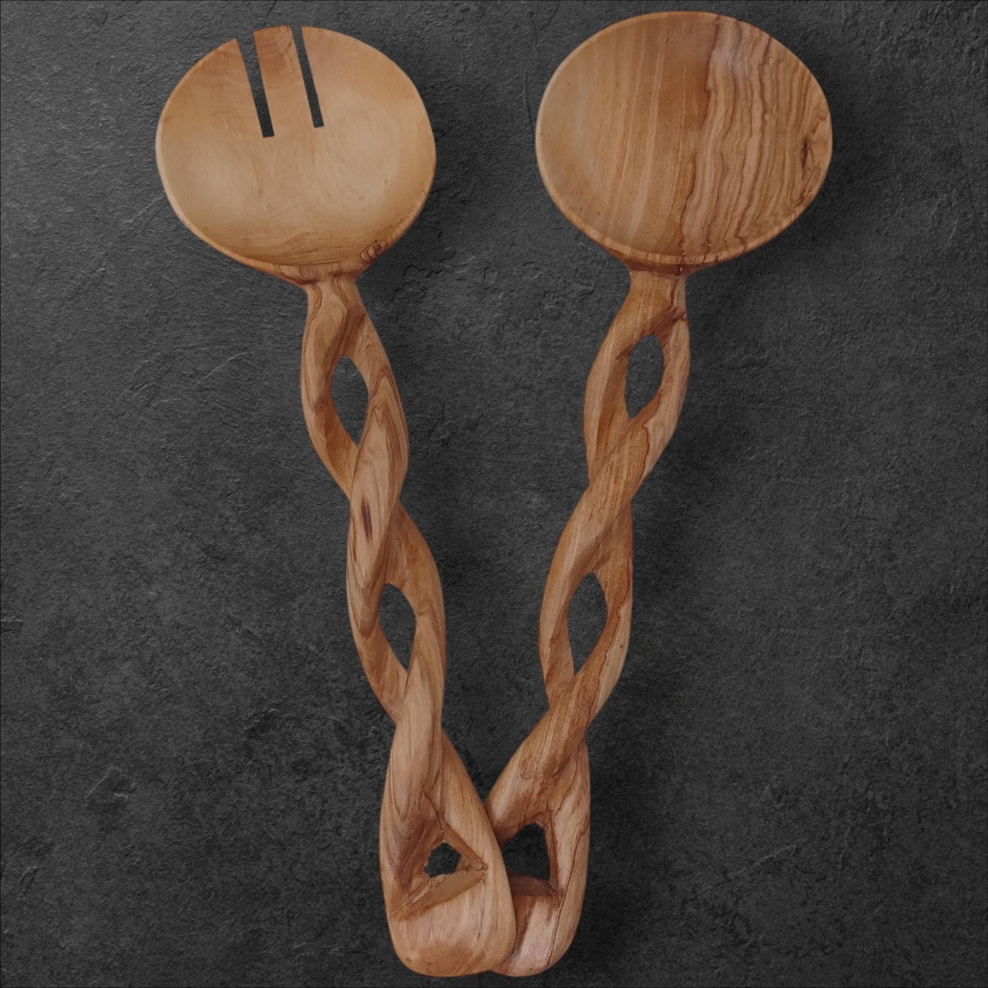 Hand-Carved Olivewood Salad Servers: Spiral Design, Chef Gift