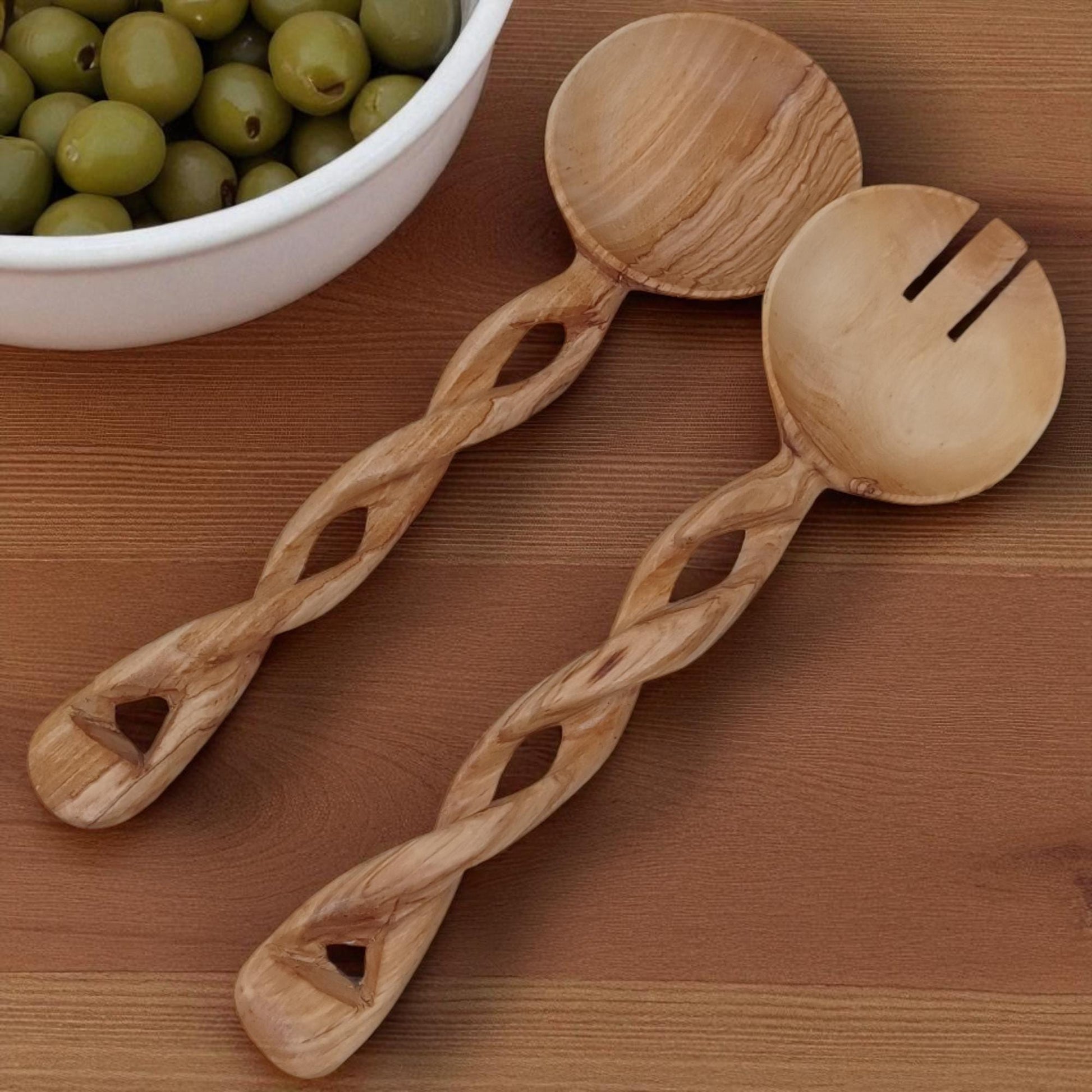 Hand-Carved Olivewood Salad Servers: Spiral Design, Chef Gift