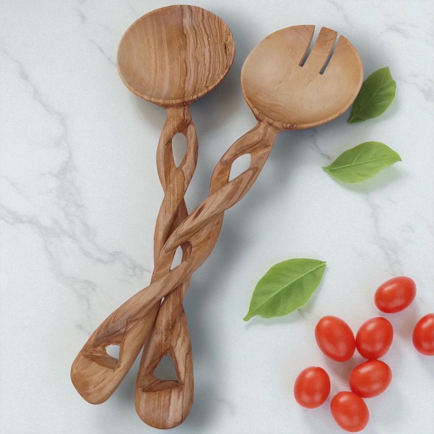 Hand-Carved Olivewood Salad Servers: Spiral Design, Chef Gift