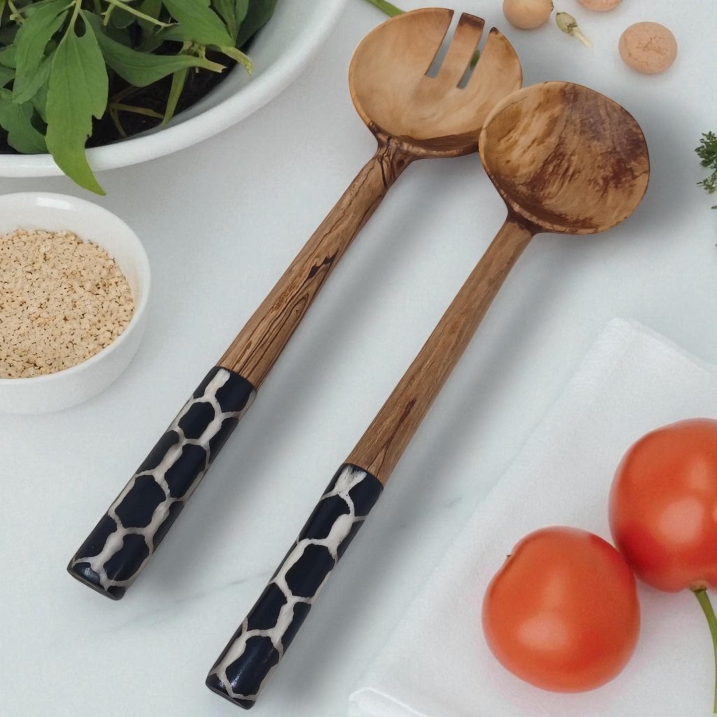 Chevron Olivewood Salad Servers: Hand-Carved Eco-Friendly Tableware
