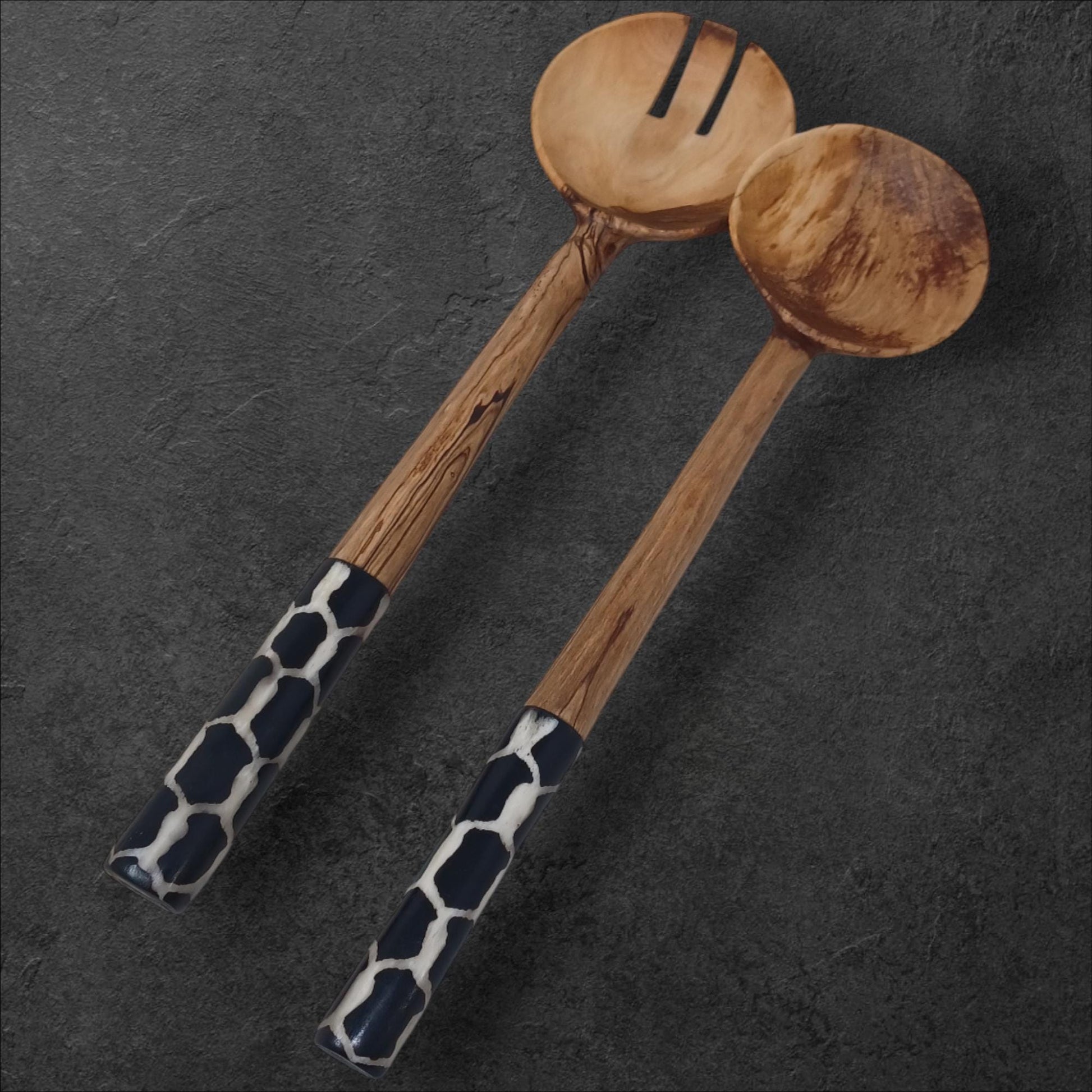 Olivewood Salad Servers: Batik Handle, Sustainable Kitchen Set