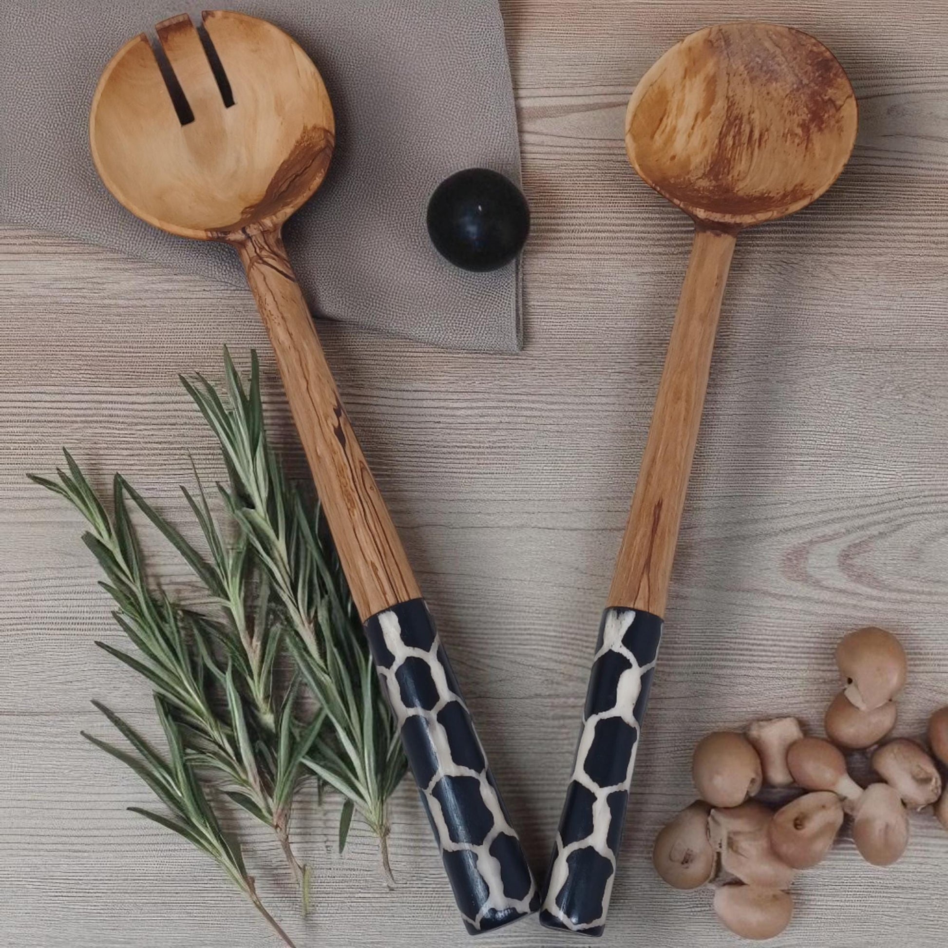 Olivewood Salad Servers: Batik Handle, Sustainable Kitchen Set